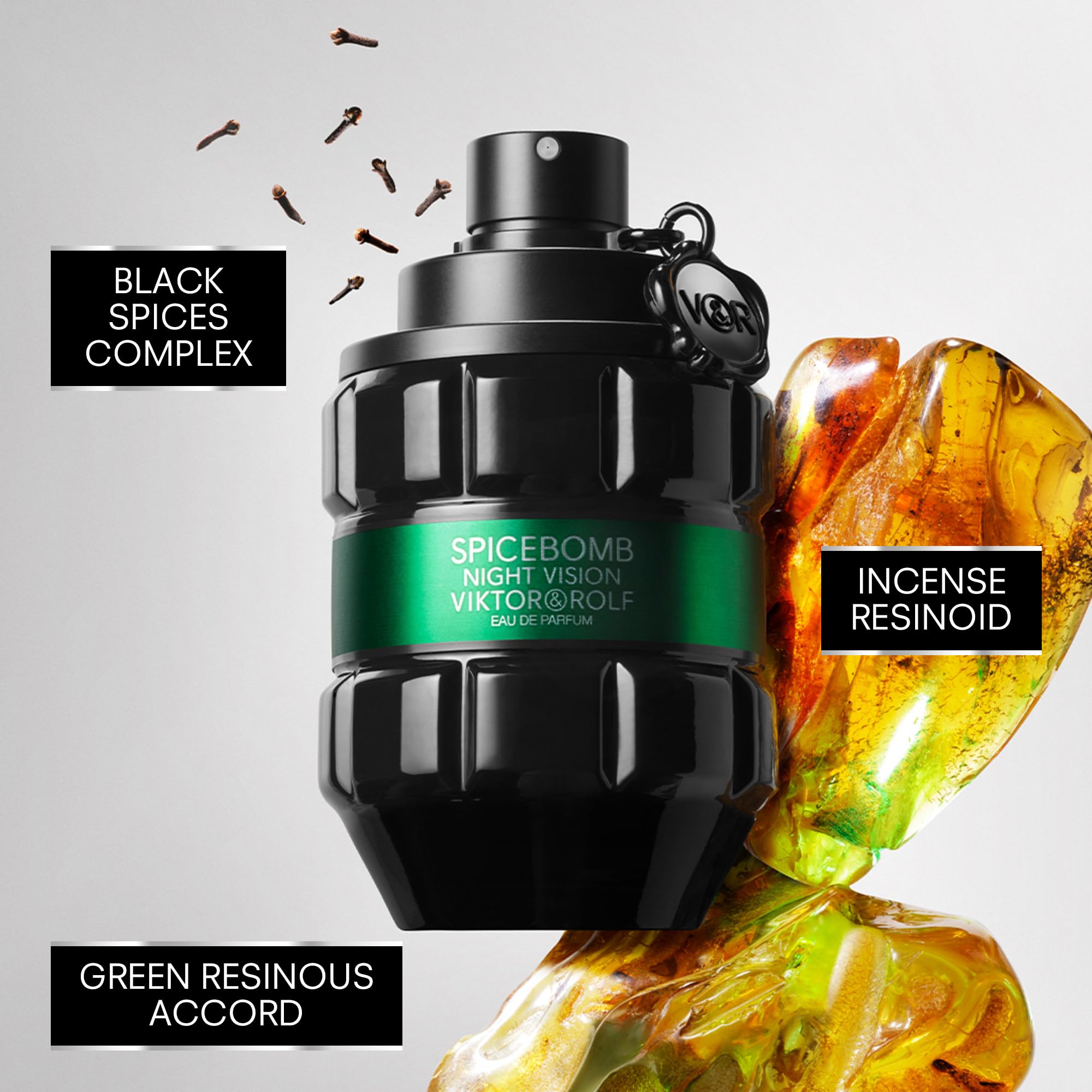 Viktor&Rolf Spicebomb Nightvision cap closeup highlighting premium packaging.