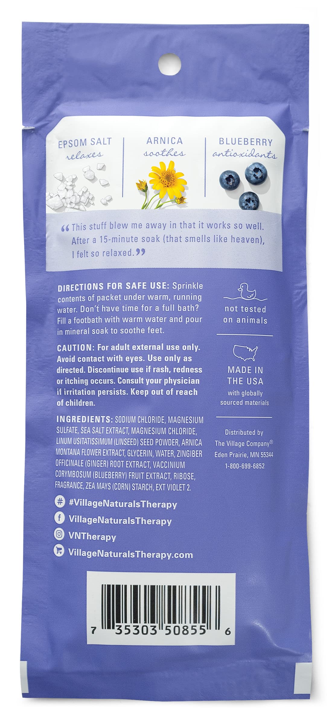 Village Naturals Therapy blueberry citrus mineral bath packets laid out for a refreshing soak ritual.