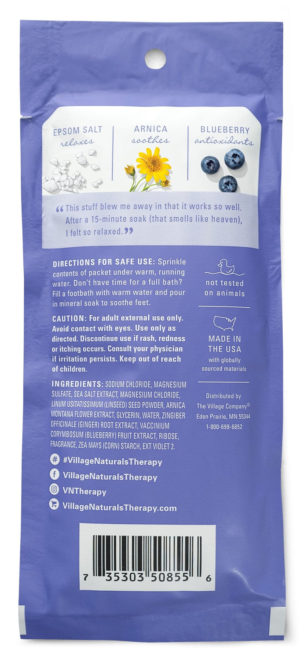 Village Naturals Therapy blueberry citrus mineral bath packets laid out for a refreshing soak ritual.