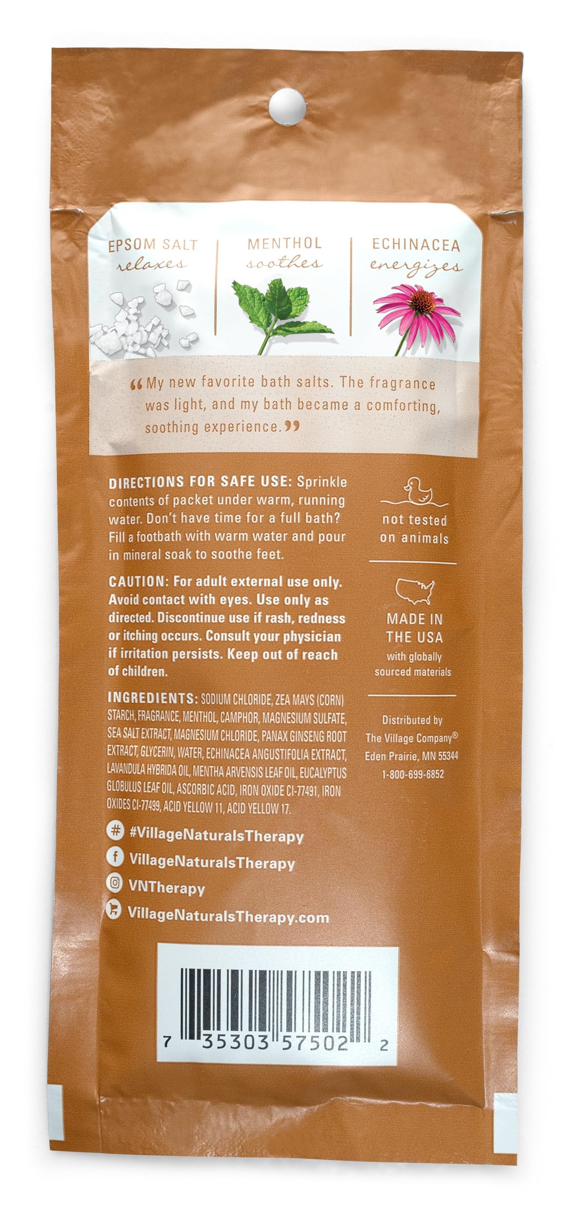 Village Naturals Therapy Breathe lemon mint soak in a dissolving packet for refreshing bath experience
