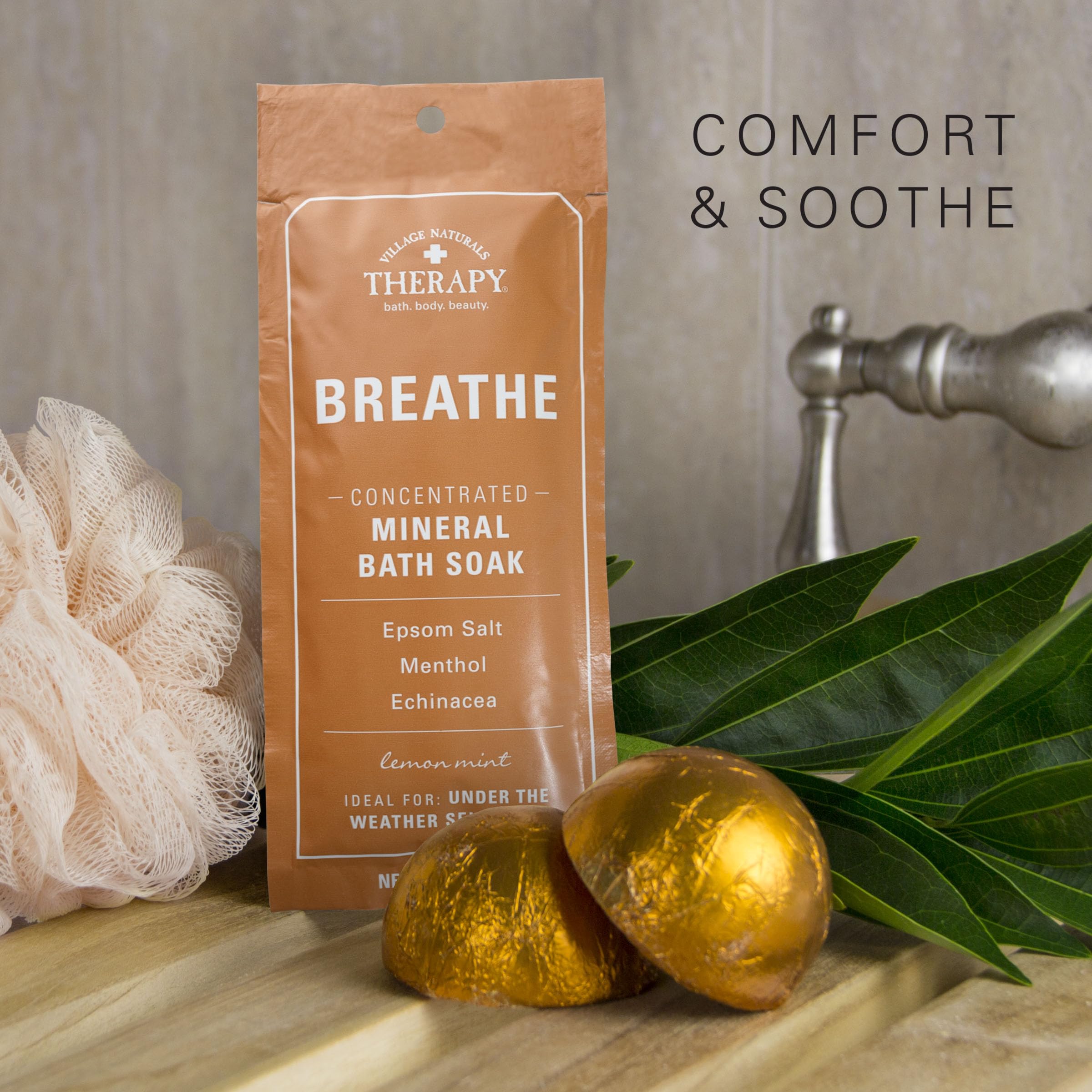 Village Naturals Therapy Breathe packaging close-up for easy-to-use travel-friendly design
