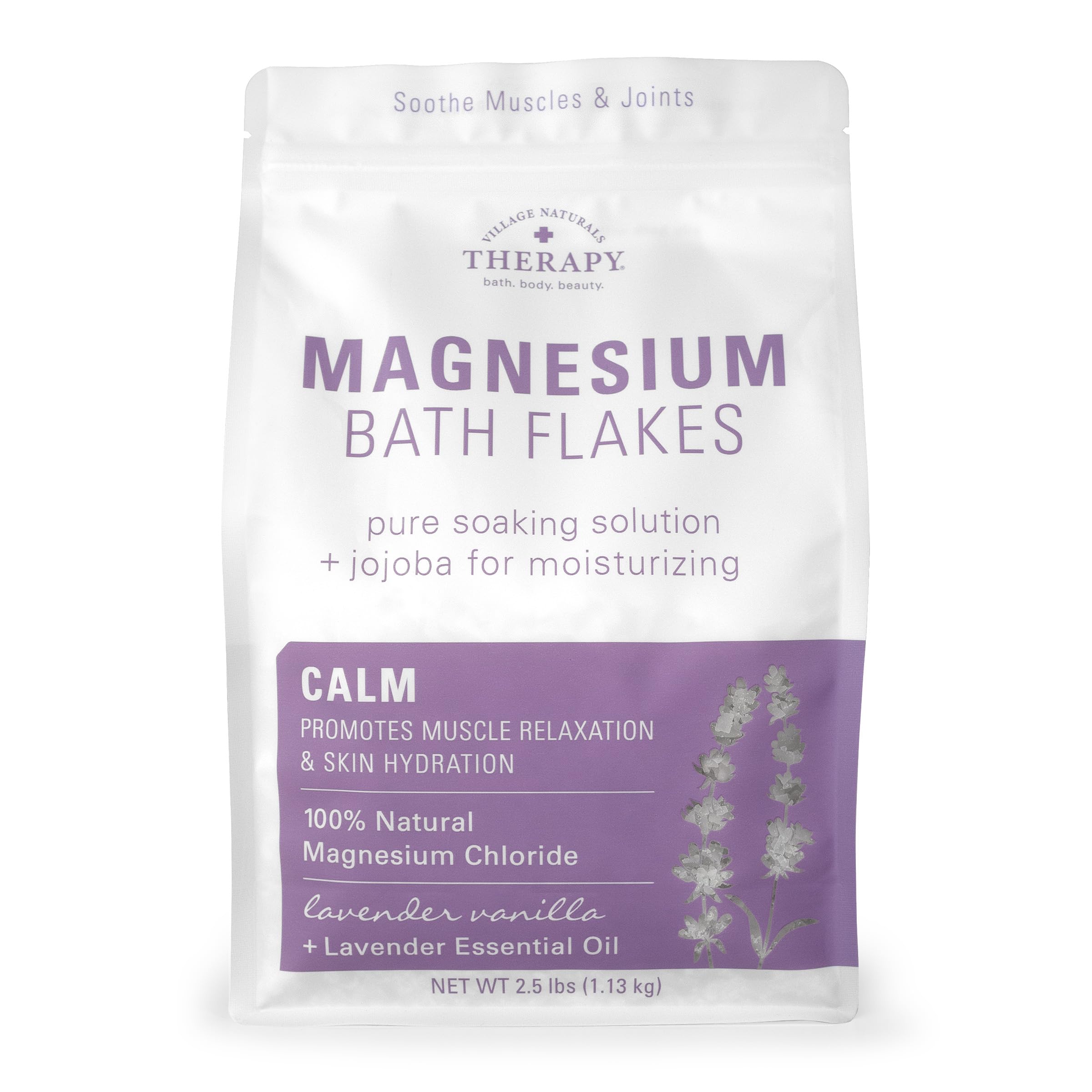 Village Naturals Therapy Calm Magnesium Bath Flakes pour into tub for a relaxing soak.