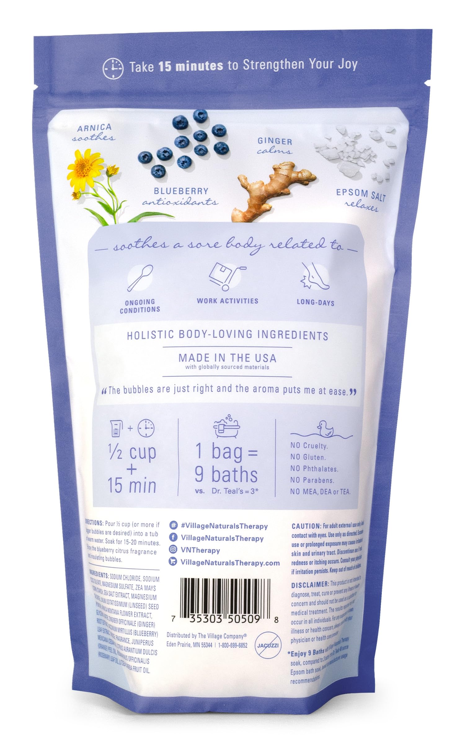 Village Naturals Therapy Comfort Foaming Bath Soak bottle closeup highlights cleansing bubbles and revitalizing scent.