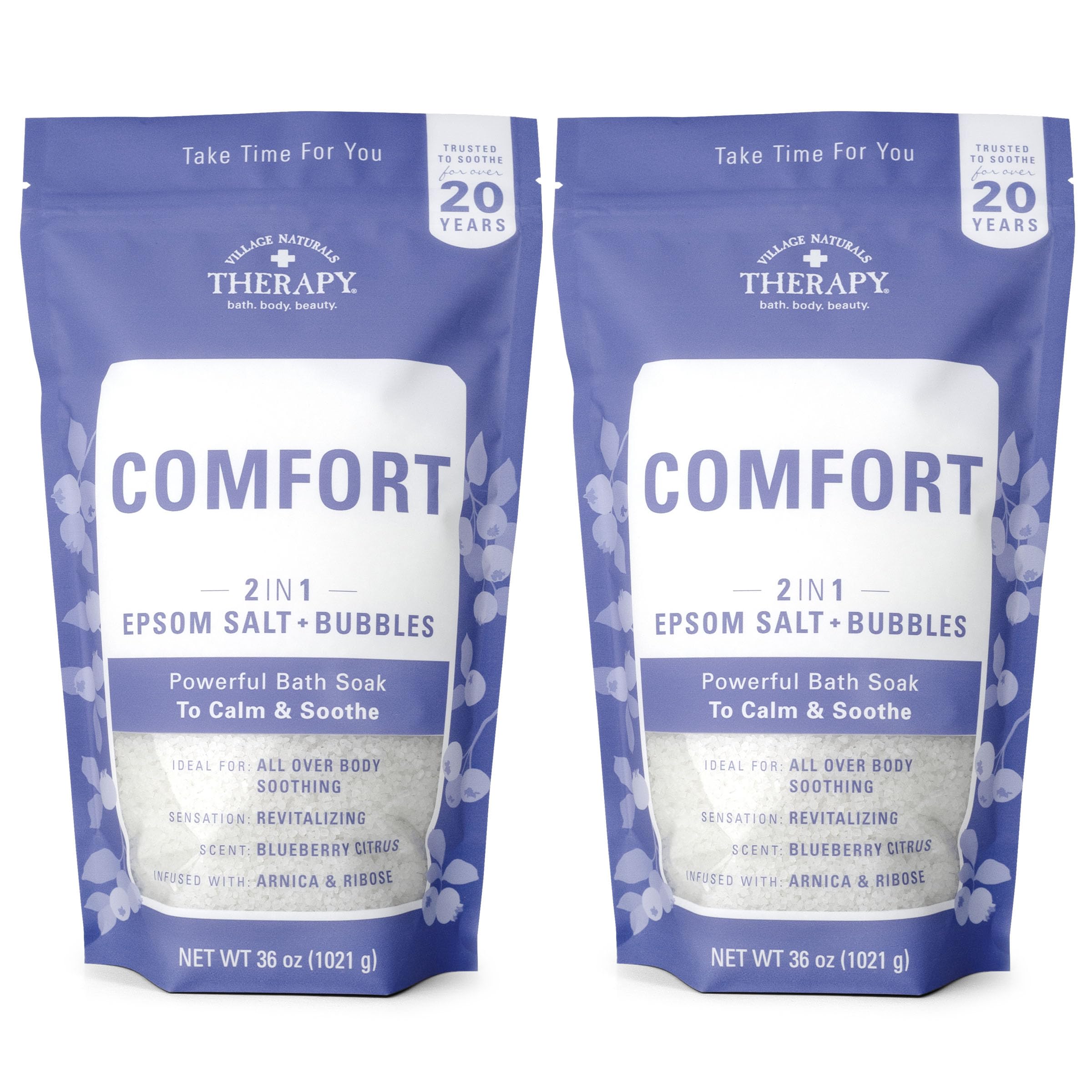 Village Naturals Therapy Comfort Foaming Bath Soak pack showcases blueberry citrus aroma for a relaxing soak.