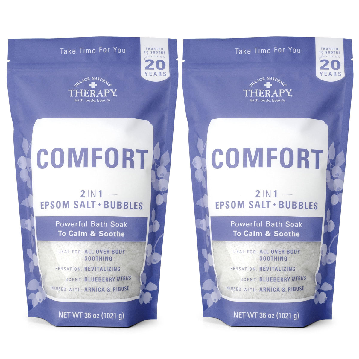 Village Naturals Therapy Comfort Foaming Bath Soak pack showcases blueberry citrus aroma for a relaxing soak.