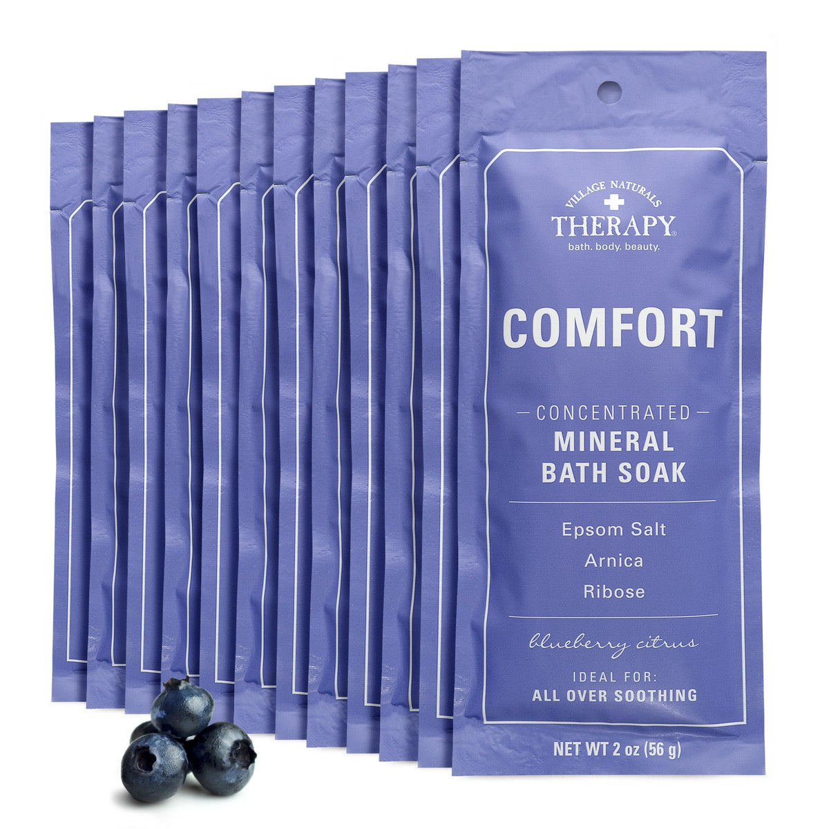 Village Naturals Therapy comfort mineral bath packets closeup for on-the-go soothing relief.