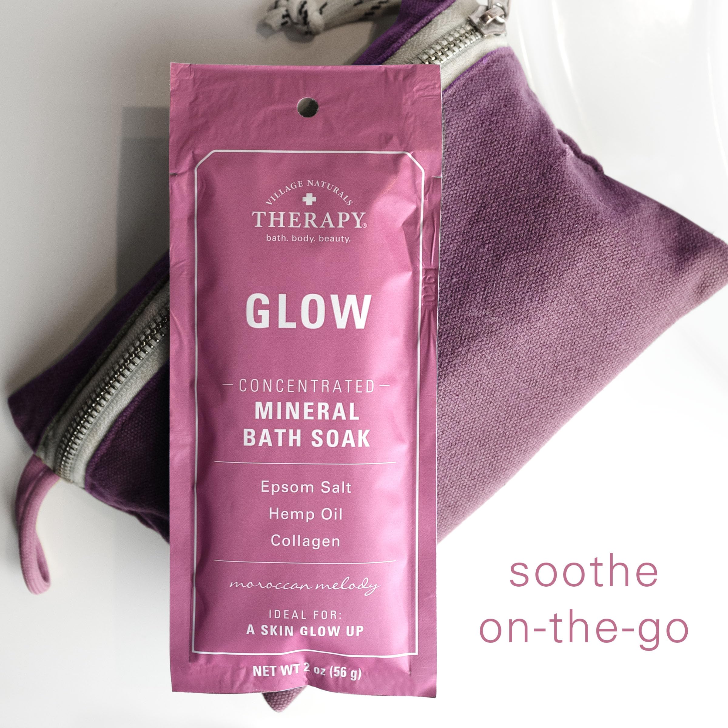 Village Naturals Therapy Glow bath soak with Moroccan Melody fragrance evokes a citrus-floral oasis