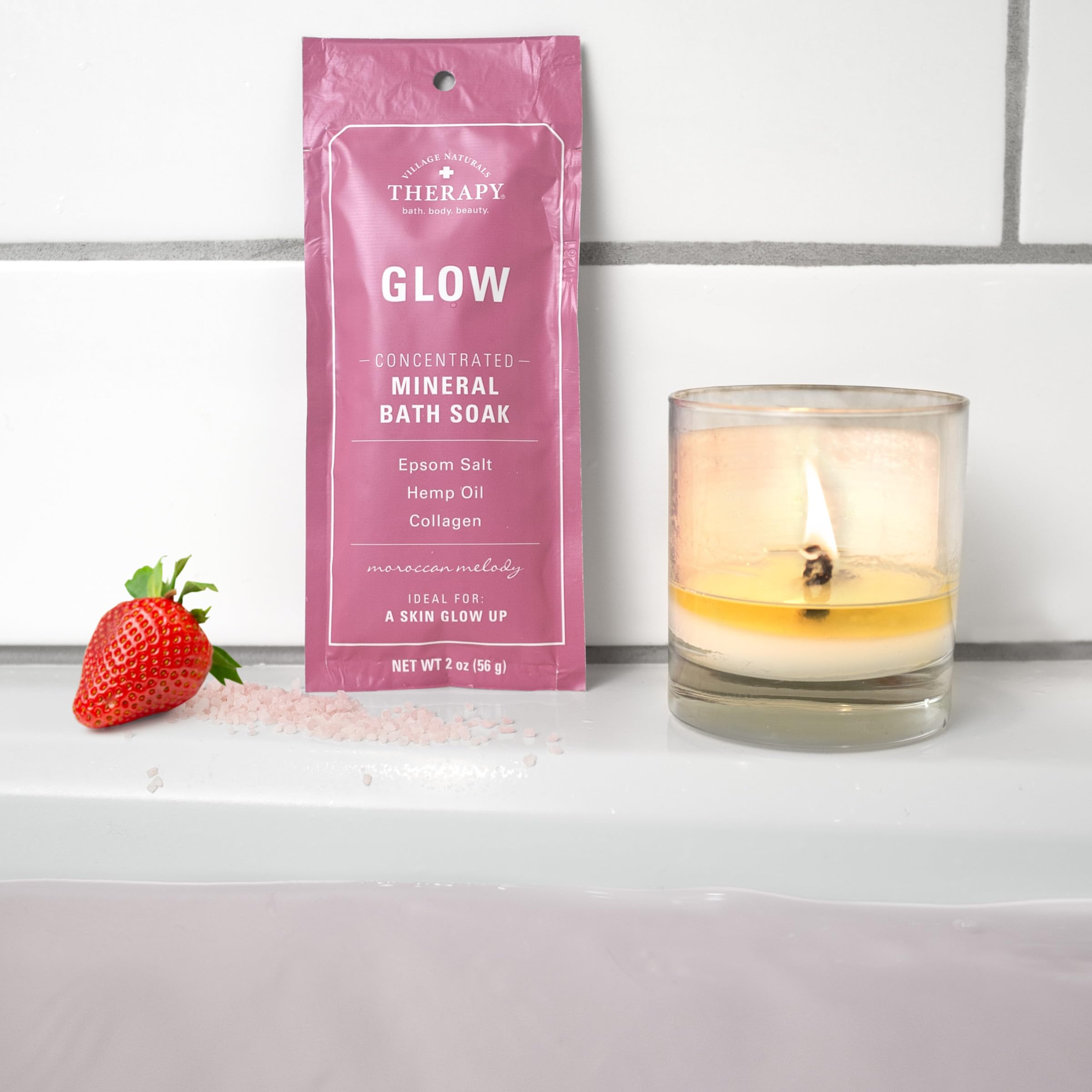 Village Naturals Therapy Glow ingredients banner highlights cruelty-free and paraben-free formula