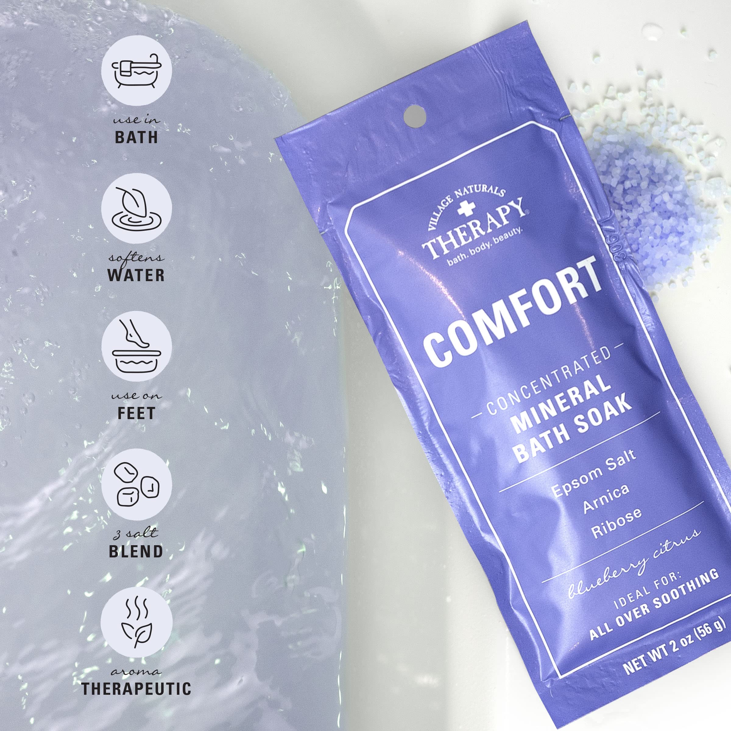 Village Naturals Therapy comfort-mineral-bath-packets closeup reveals arnica-berry-ginger ingredients for revitalizing soak.