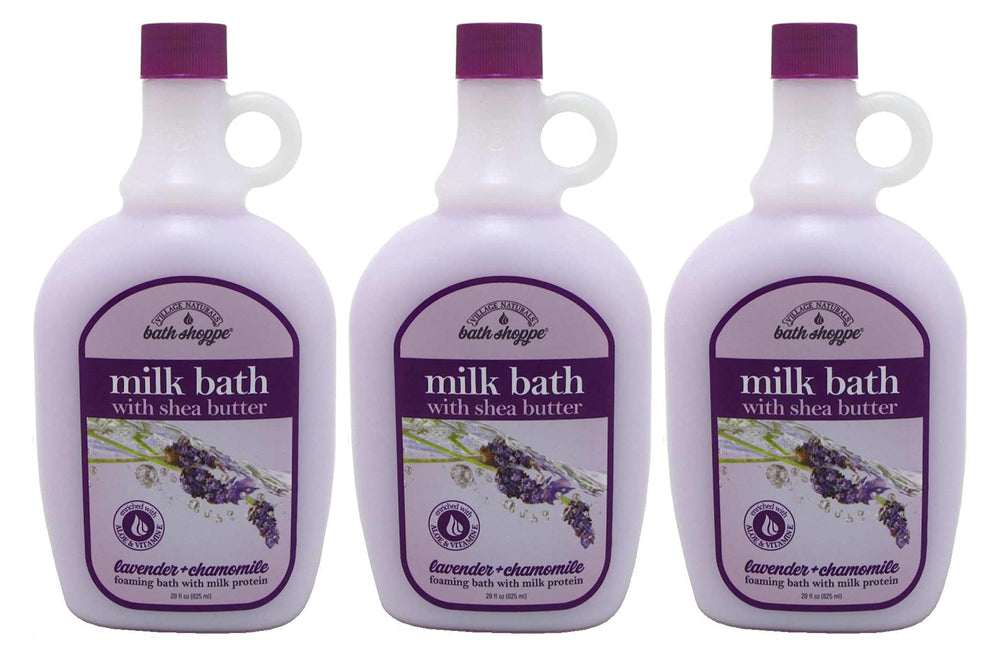 Village Naturals Therapy Lavender Milk Bath 3-pack bottle supports relaxing bath-time ritual