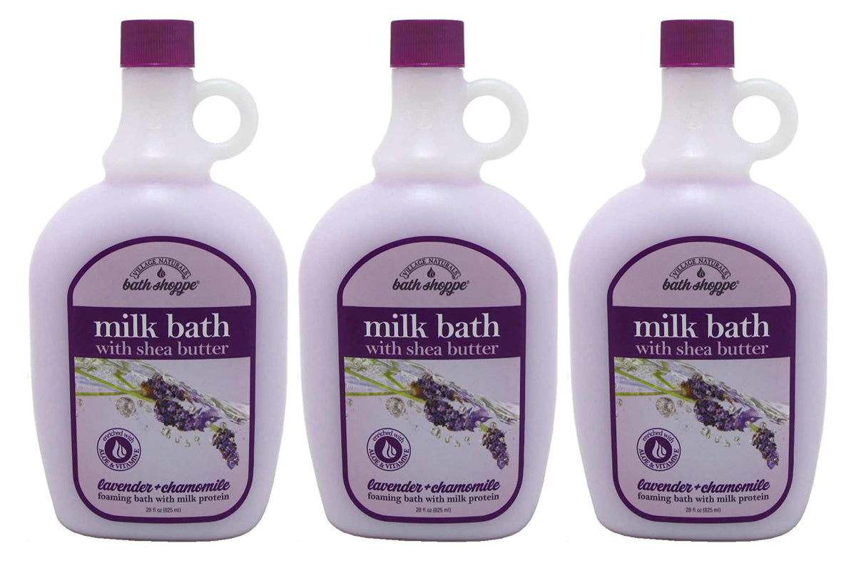 Village Naturals Therapy Lavender Milk Bath 3-pack bottle supports relaxing bath-time ritual