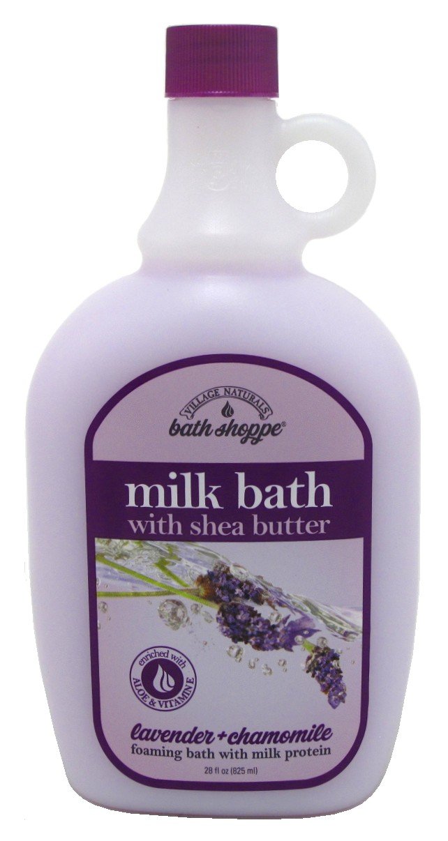 Village Naturals Therapy Lavender Milk Bath label highlights moisturizing ingredients for skin-softening soak