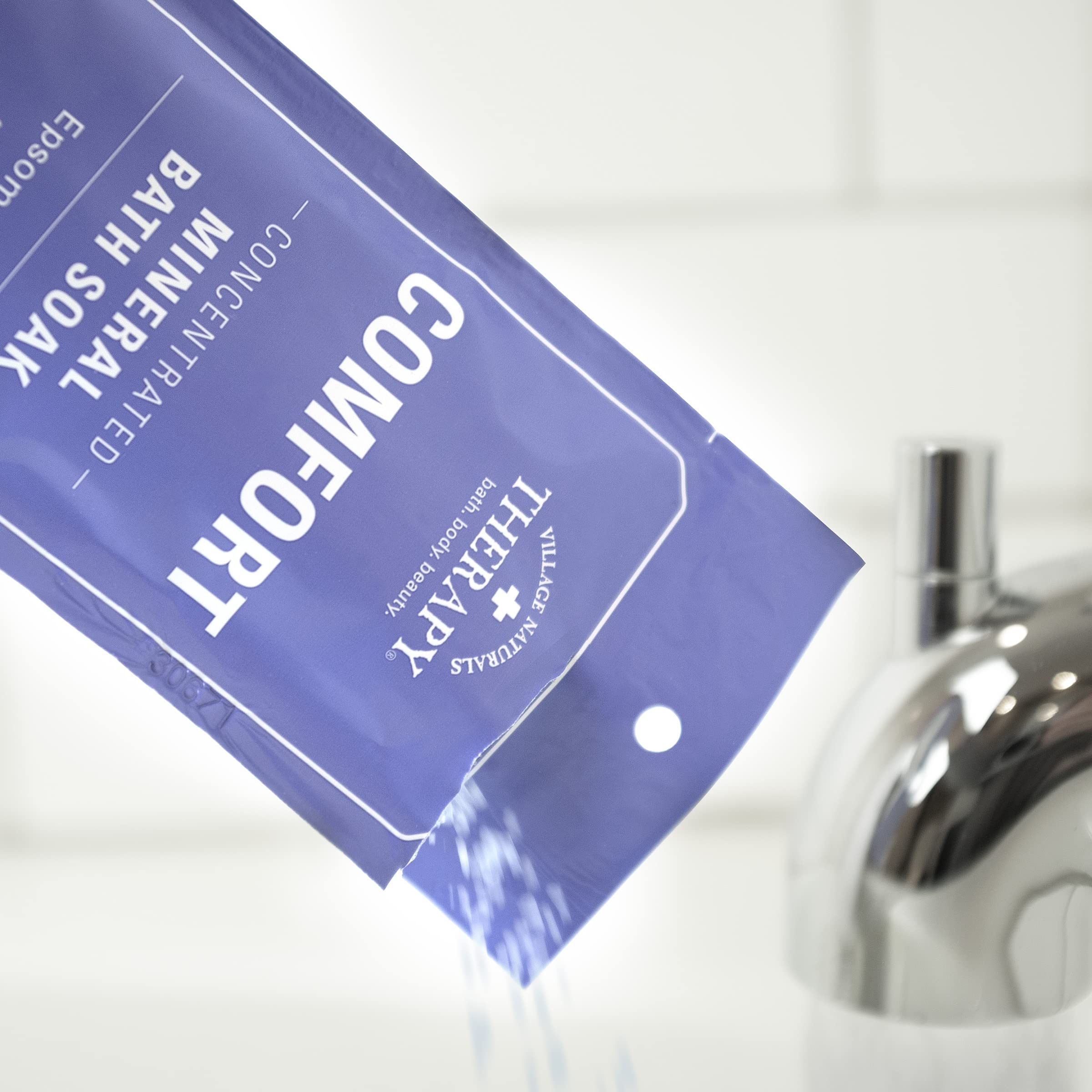 Village Naturals Therapy USA-made cruelty-free label shot emphasizes ethical high-quality bath care.