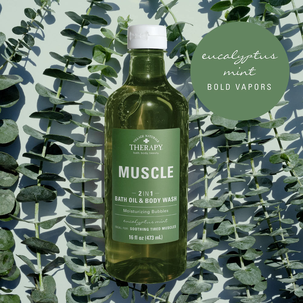 Village Naturals Therapy Muscle Foaming Bath Oil moisturizes skin for 24 hours.