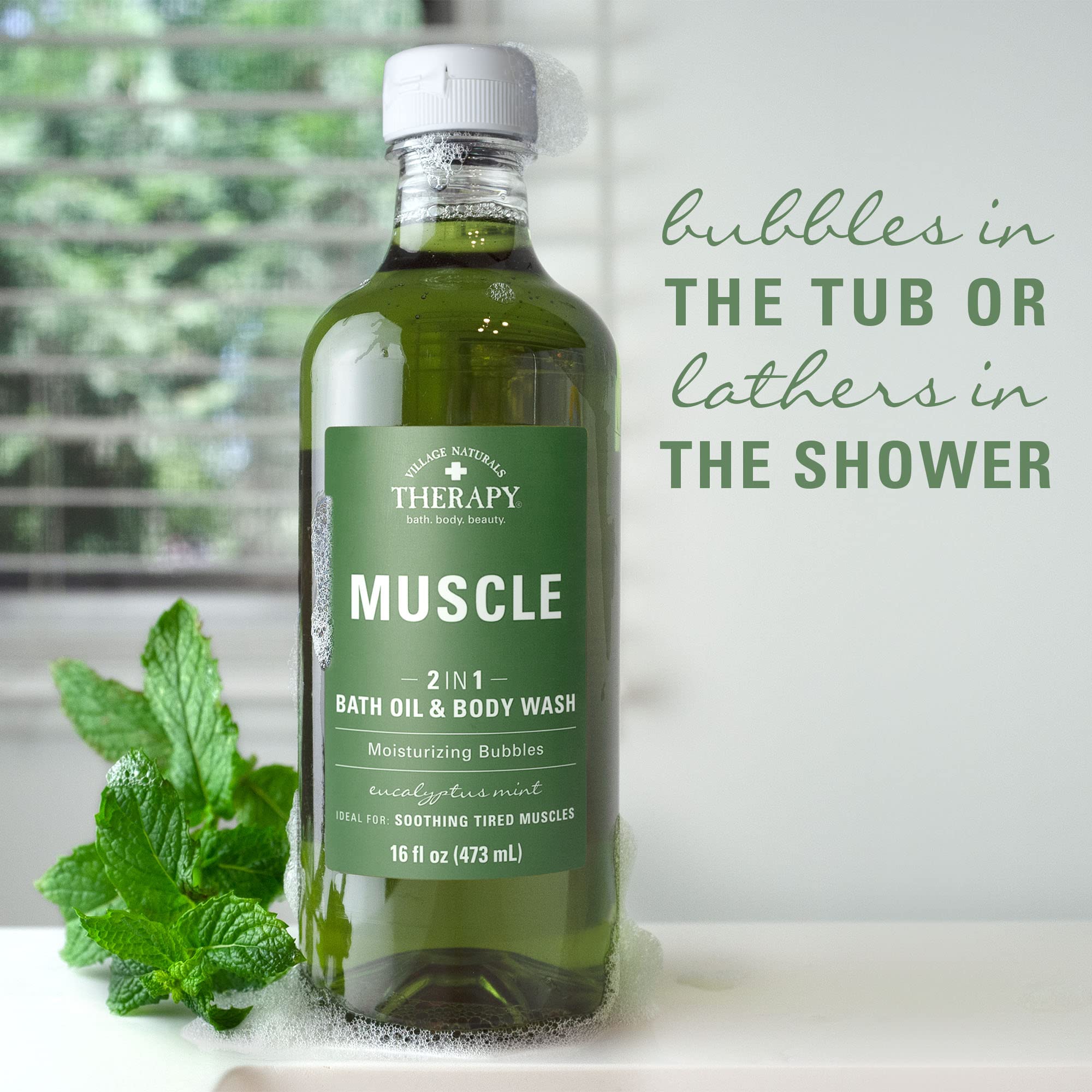 Village Naturals Therapy Muscle Foaming Bath Oil 2-pack packaging on shelf.