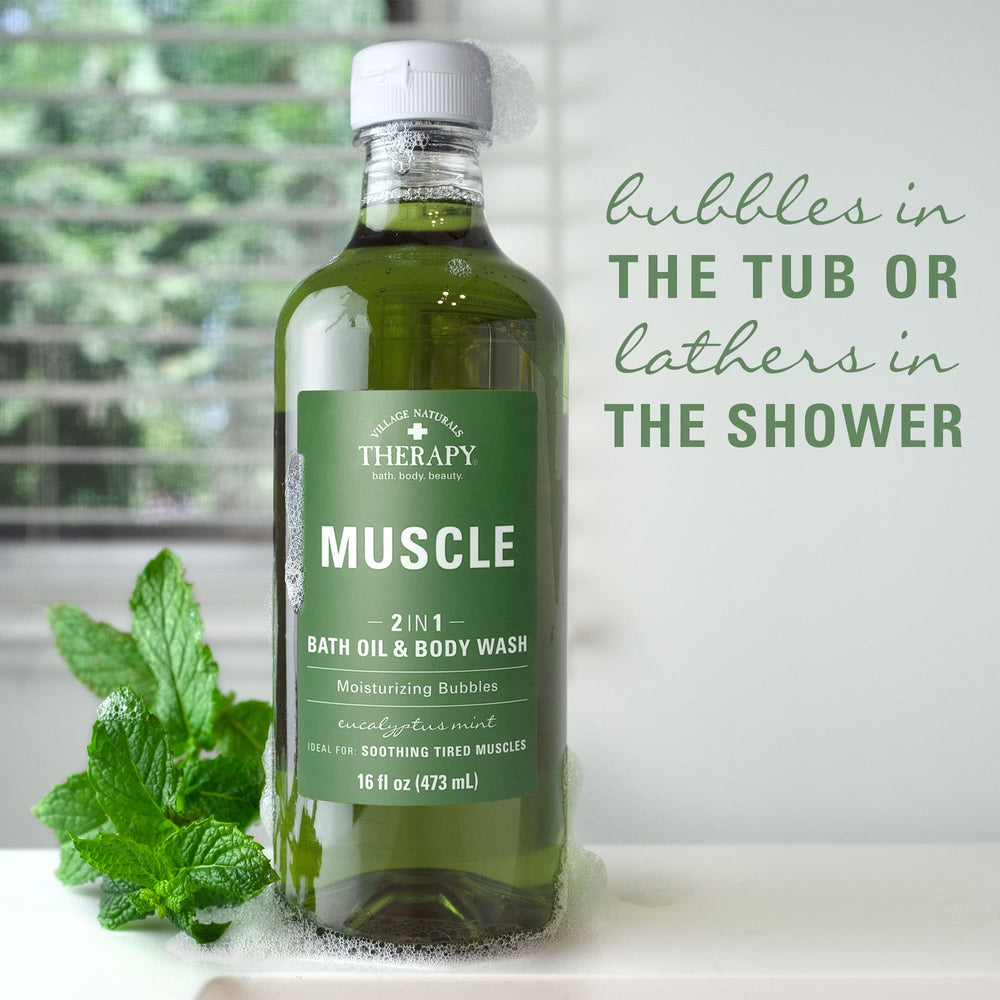 Village Naturals Therapy Muscle Foaming Bath Oil 2-pack packaging on shelf.