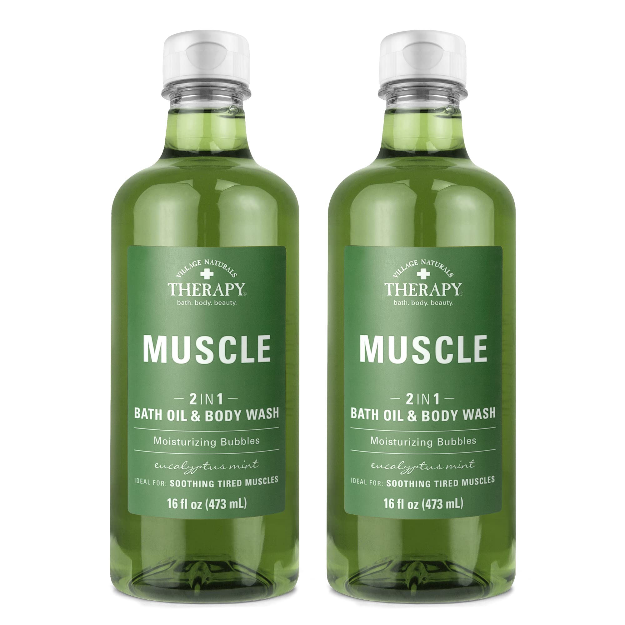 Village Naturals Therapy Muscle Foaming Bath Oil poured into tub for soothing soak.