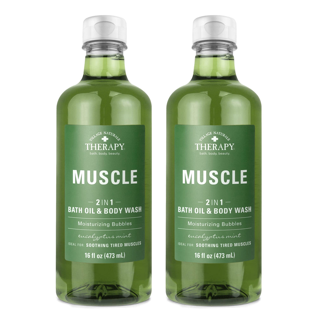 Village Naturals Therapy Muscle Foaming Bath Oil poured into tub for soothing soak.