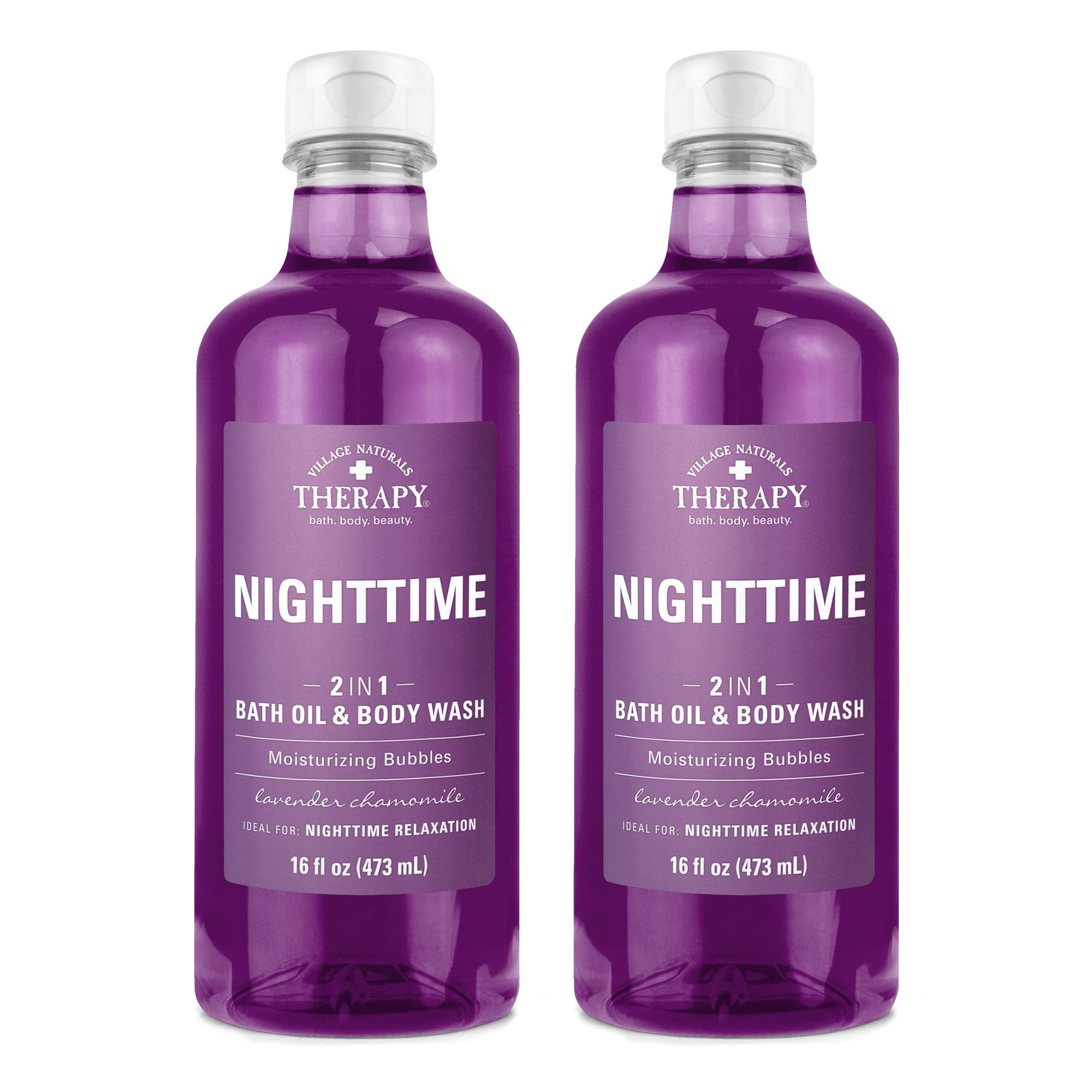 Village Naturals Therapy Nighttime Relief bottle front for calming nightly bath ritual