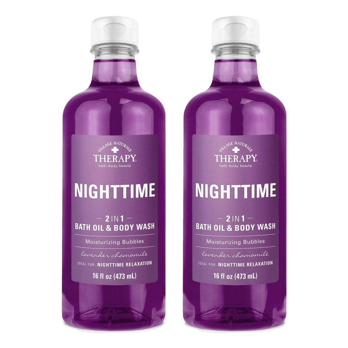 Village Naturals Therapy Nighttime Relief bottle front for calming nightly bath ritual