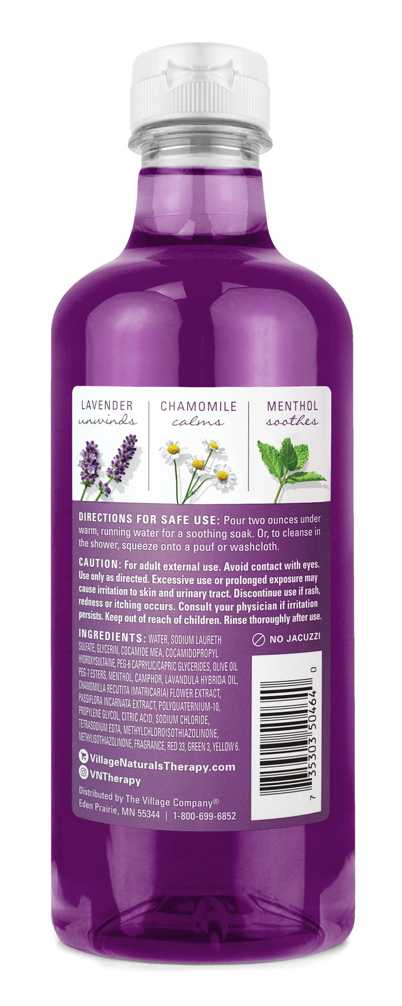 Village Naturals Therapy Nighttime Relief bottle pour shows easy two-ounce soak