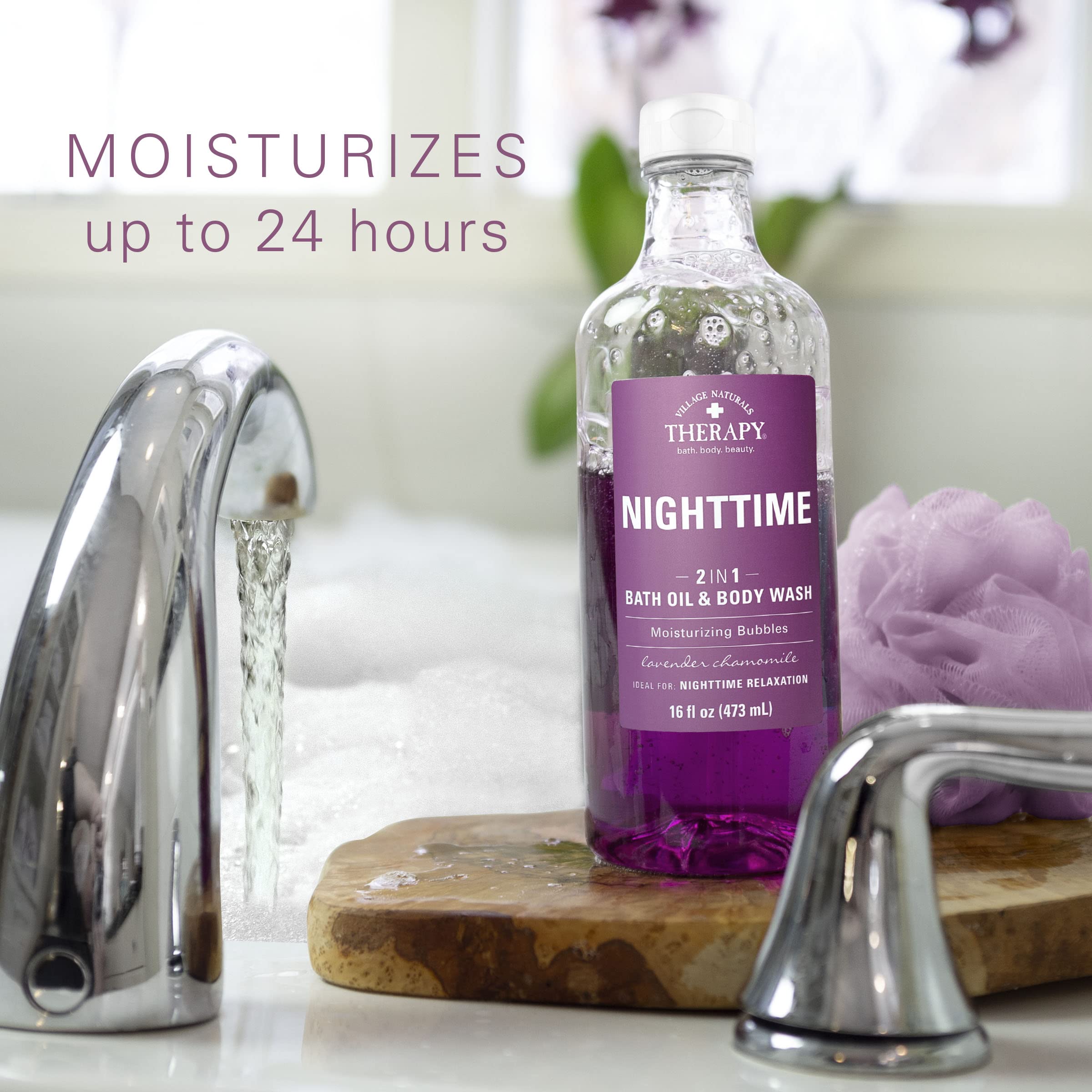 Village Naturals Therapy Nighttime Relief shower pouf application for quick cleanse