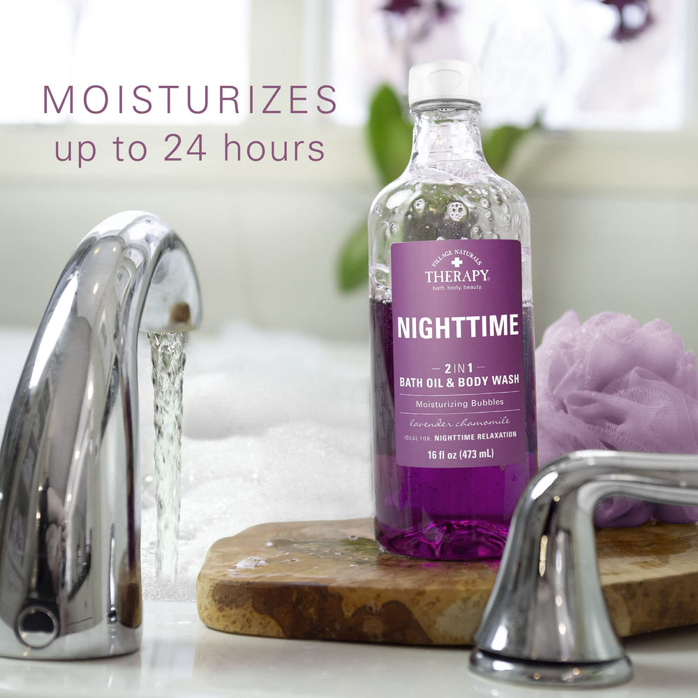 Village Naturals Therapy Nighttime Relief shower pouf application for quick cleanse