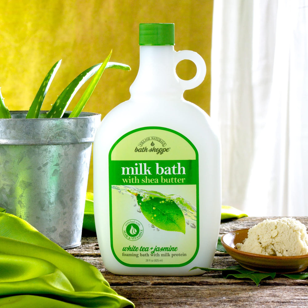 Village Naturals Bath Shoppe milk bath pour creates lush foams for pampering