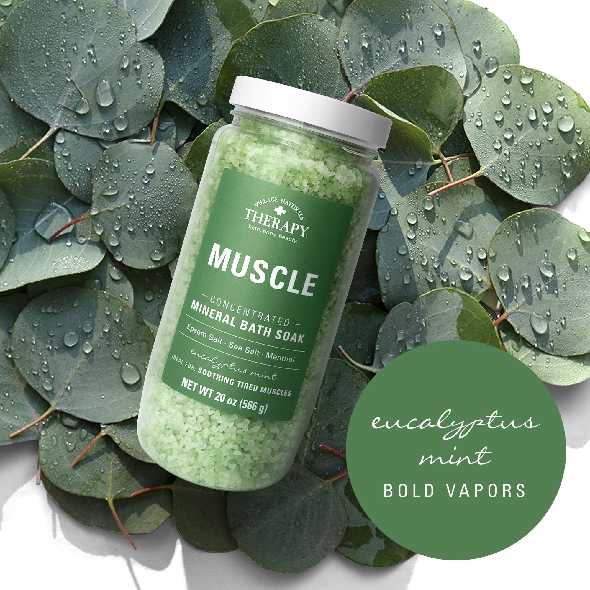 Village Naturals Therapy cap dispense near sink illustrates simple quick-access use for soothing sessions