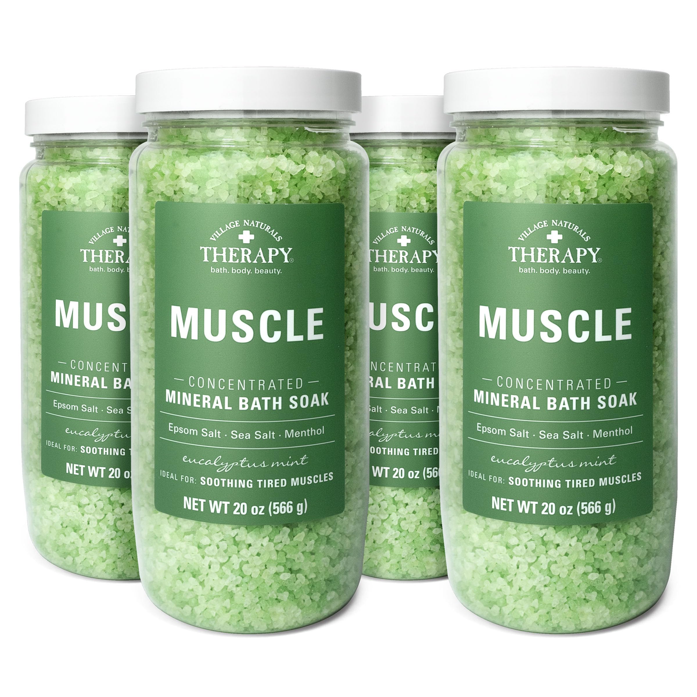 Village Naturals Therapy muscle bath soak bottle with eucalyptus mint scent for soothing relief