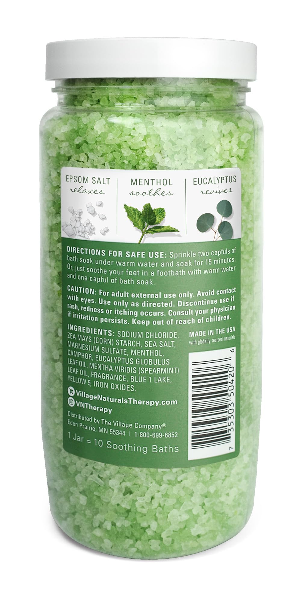 Village Naturals Therapy soak being poured highlights eucalyptus mint aroma for a refreshing, muscle-relaxing soak