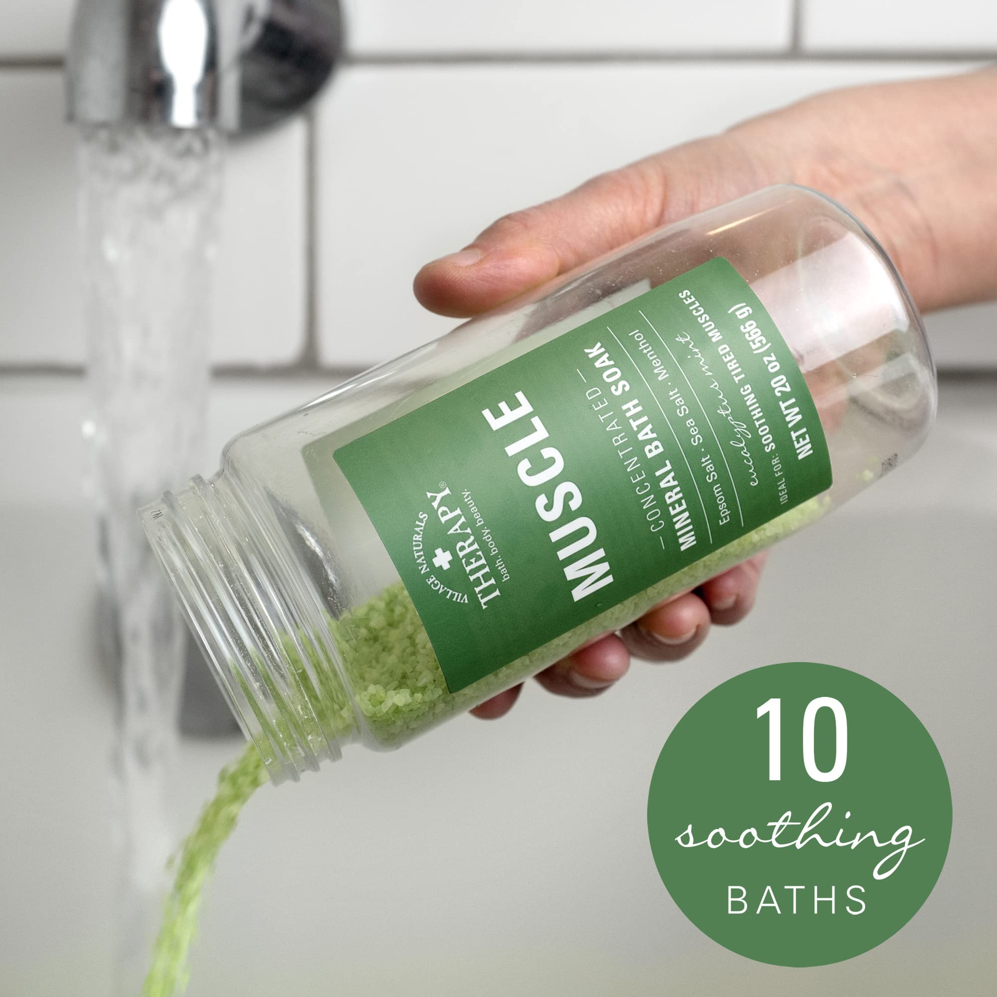 Village Naturals Therapy ingredient list close-up signals eucalyptus, spearmint, wintergreen and menthol soothing profile
