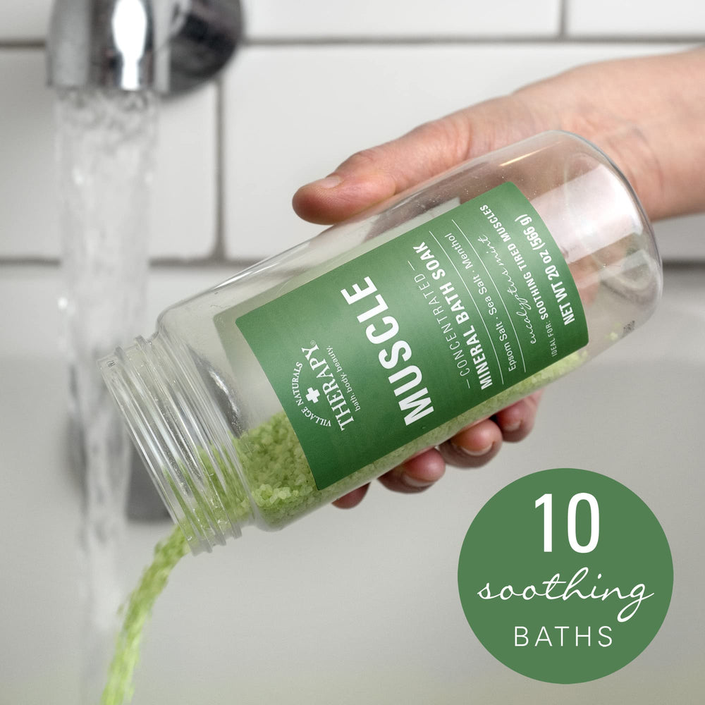Village Naturals Therapy ingredient list close-up signals eucalyptus, spearmint, wintergreen and menthol soothing profile