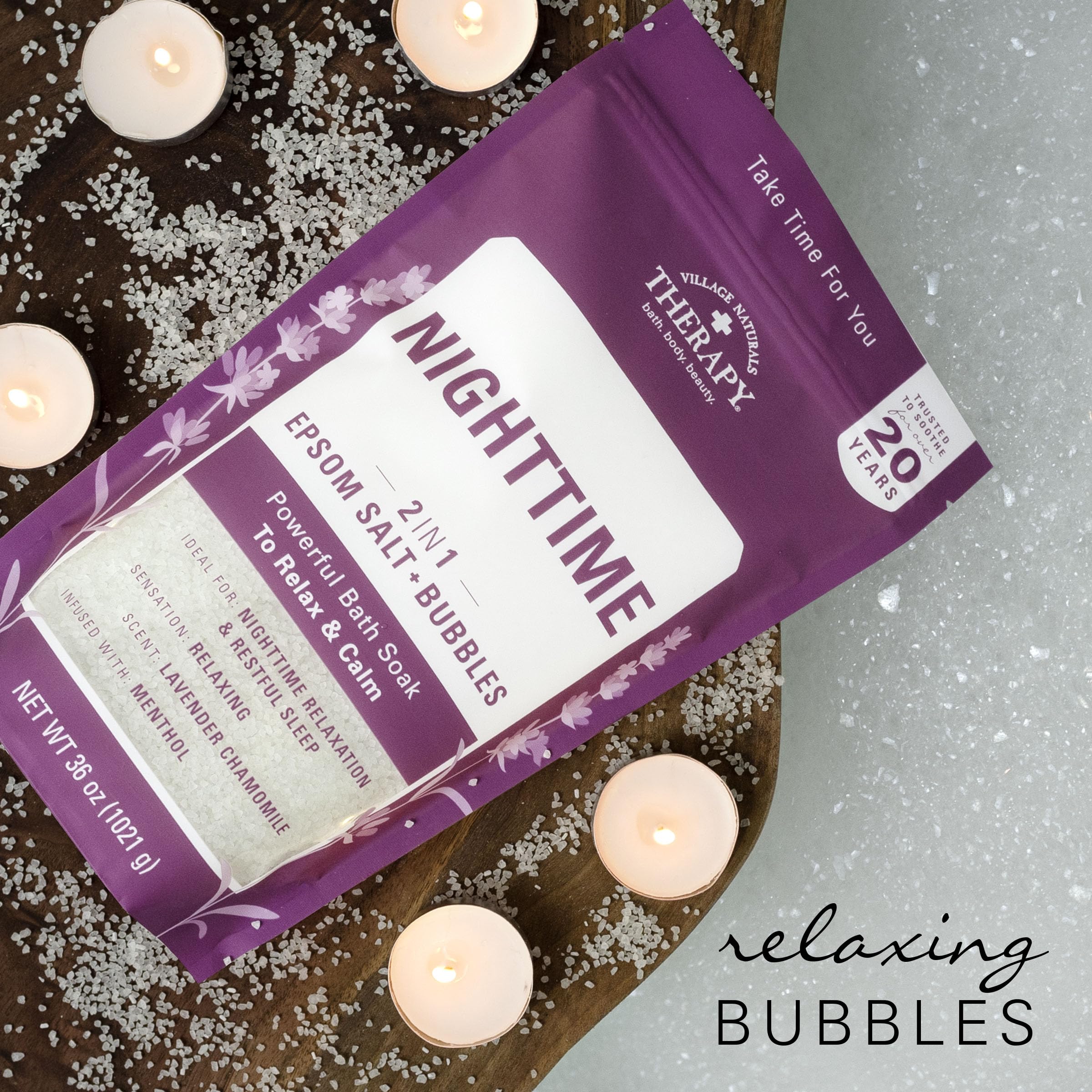Village Naturals Therapy Nighttime Foaming Epsom Soak bottle-pack display