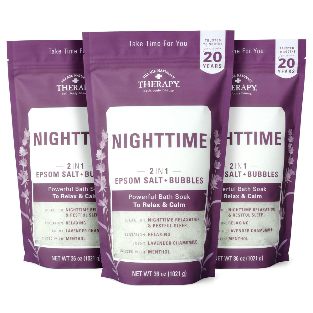 Village Naturals Therapy Nighttime Foaming Epsom Soak bubbles for a relaxing soak