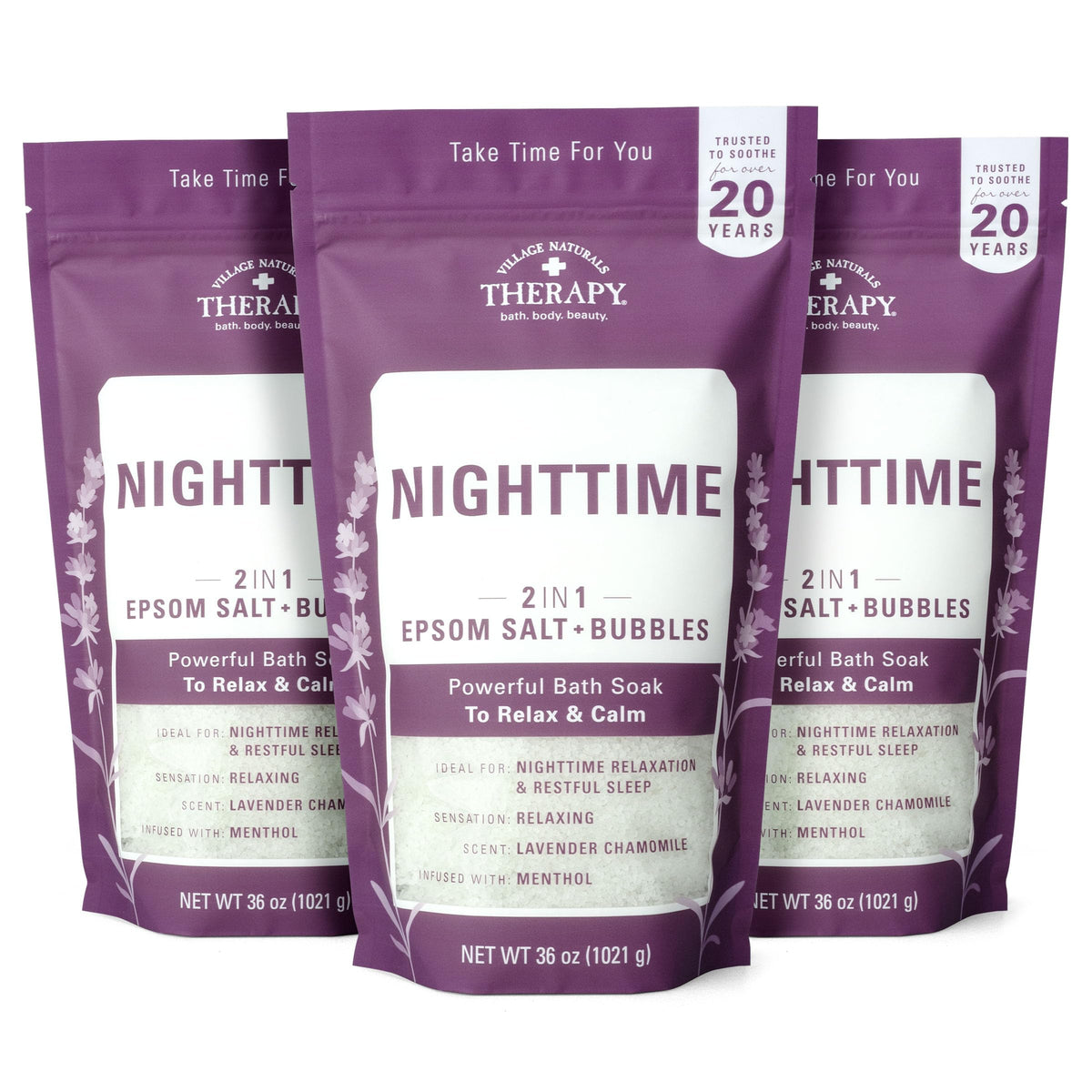Village Naturals Therapy Nighttime Foaming Epsom Soak bubbles for a relaxing soak