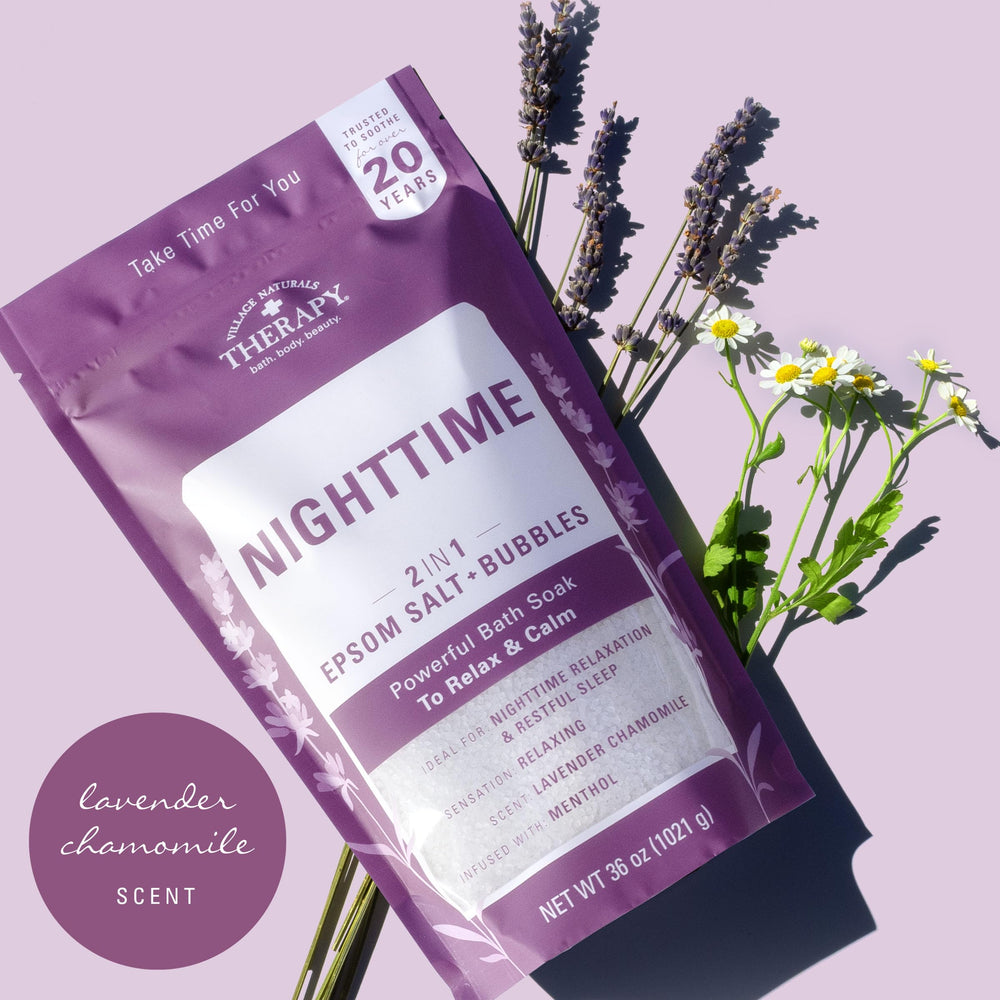 Village Naturals Therapy Nighttime Foaming Epsom Soak lavender chamomile calming bath time