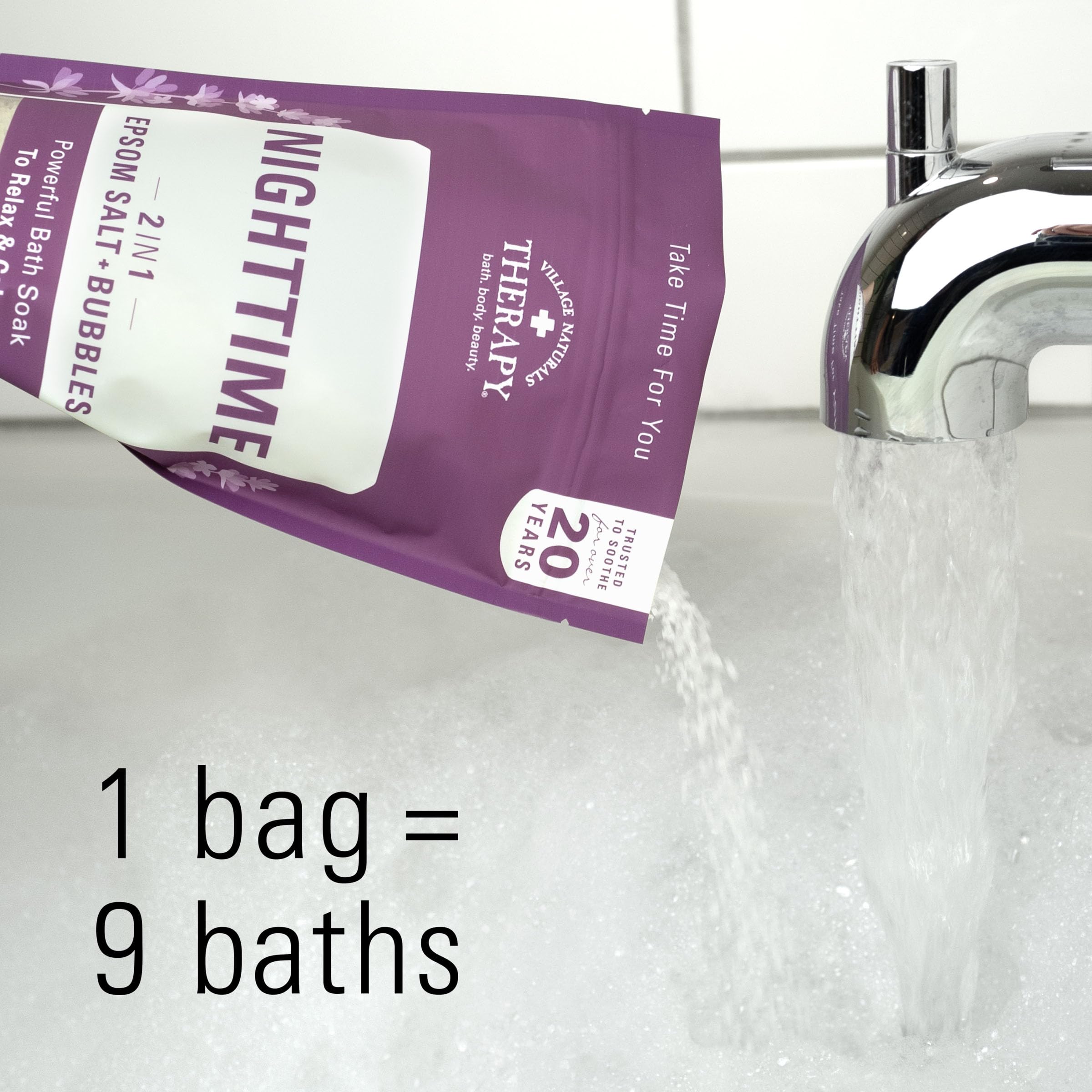 Village Naturals Therapy Nighttime Foaming Epsom Soak menthol aroma offers refreshing notes