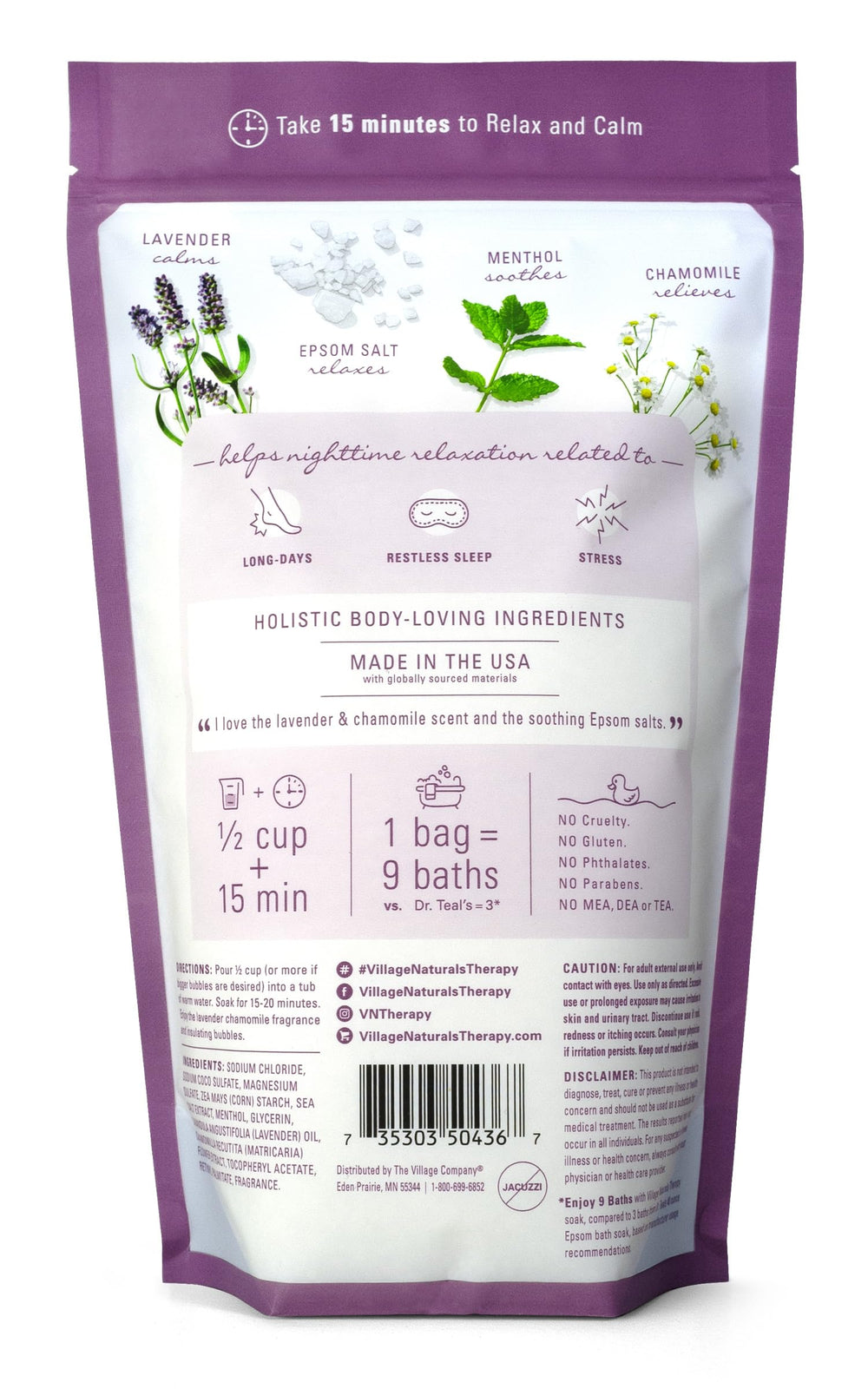 Village Naturals Therapy Nighttime Foaming Epsom Soak scent promotes unwinding after a long day