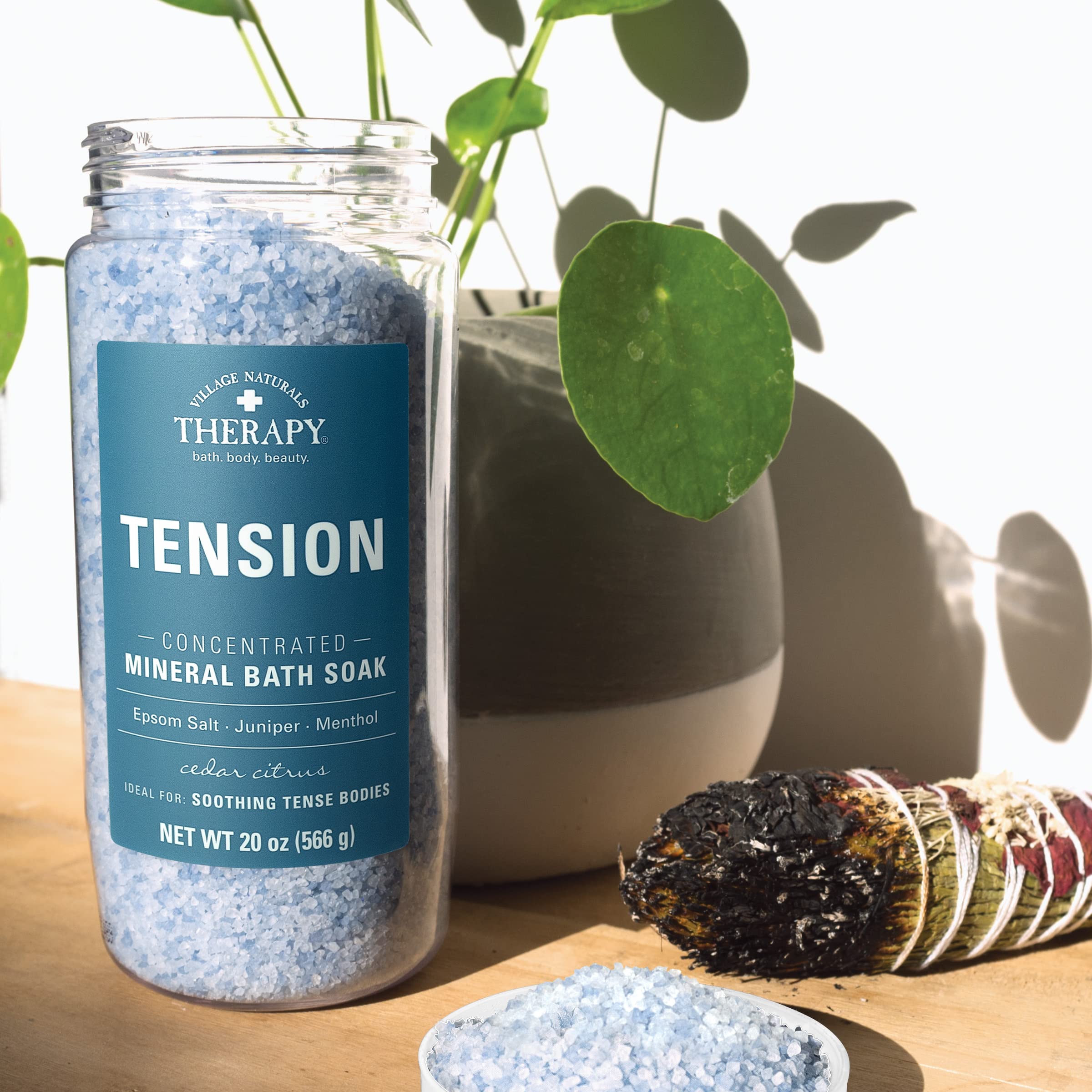 Village Naturals Therapy Tension Bath Soak tub-relaxation scene with soothing cedar citrus scent