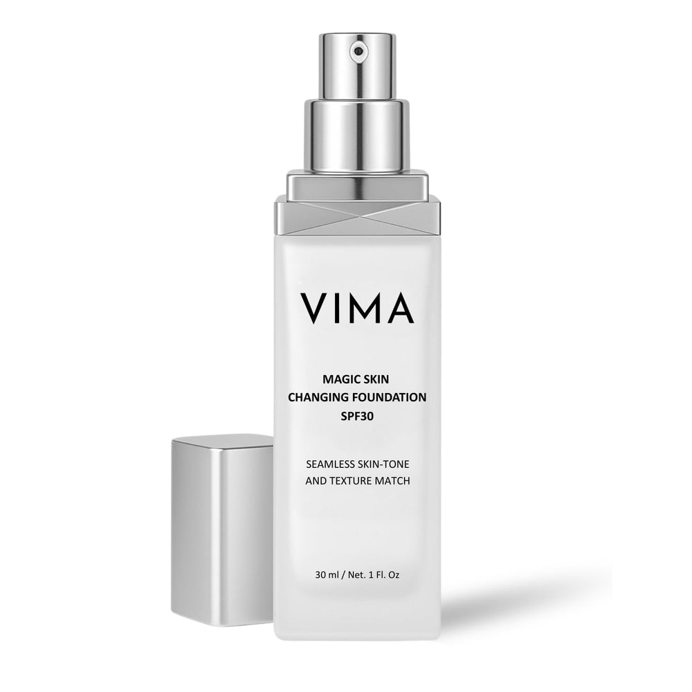 Vima color-changing foundation bottle demonstrates adaptive shade for natural coverage.