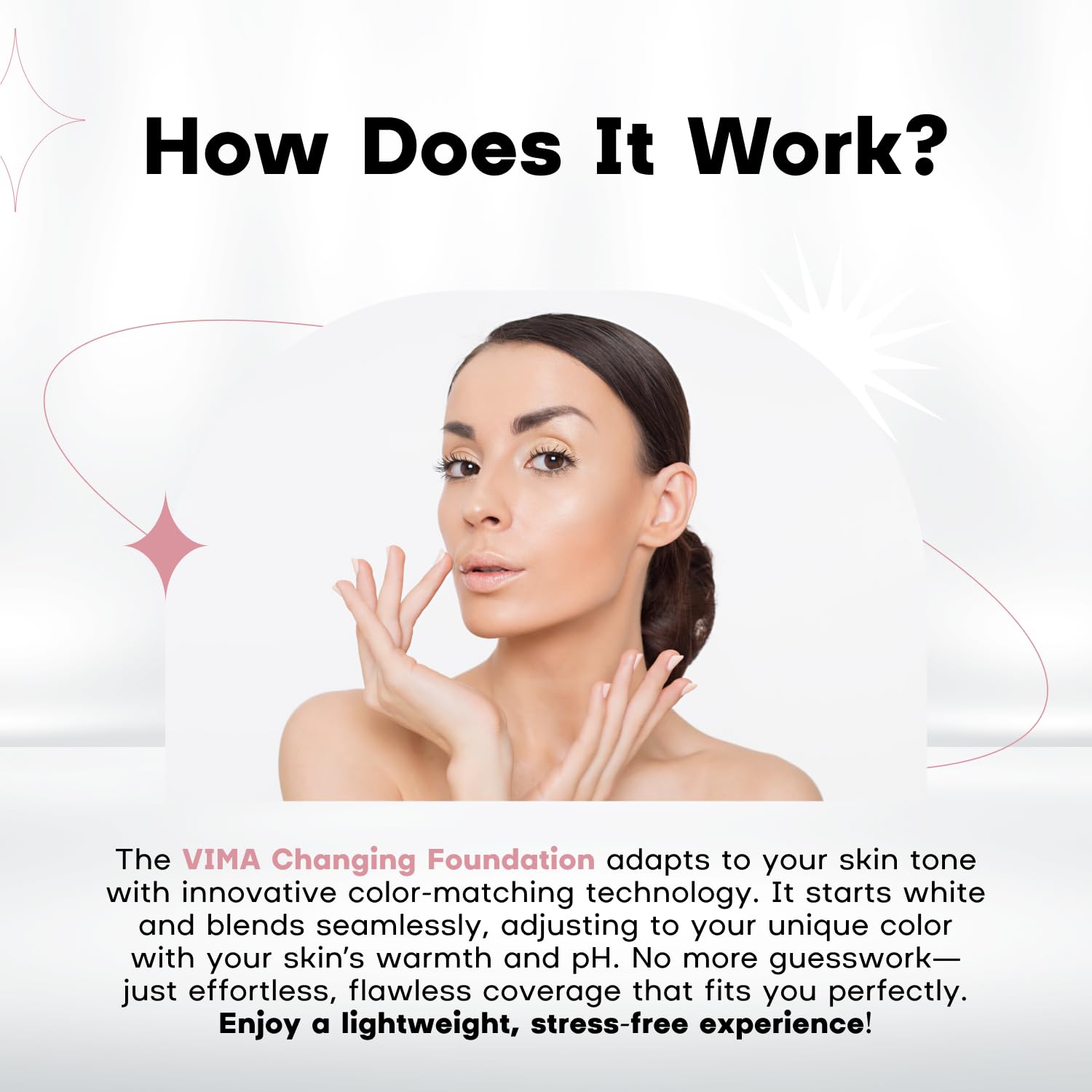 Vima foundation close-up highlights SPF 30 protection and lightweight feel.