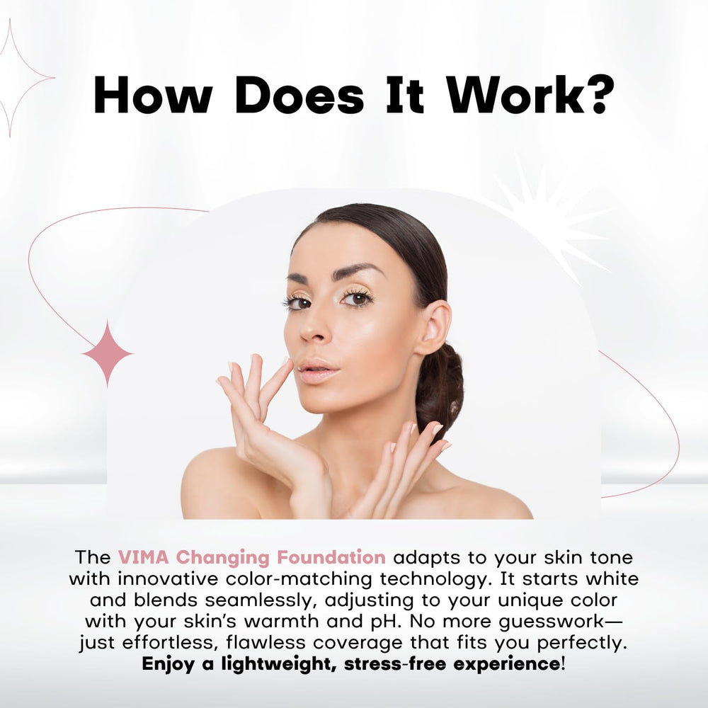 Vima foundation close-up highlights SPF 30 protection and lightweight feel.