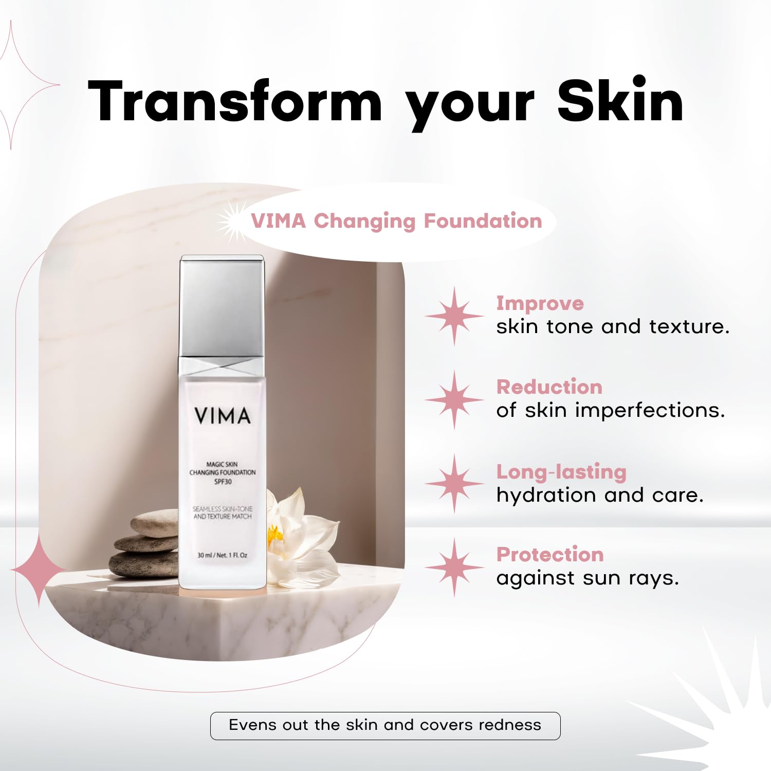 Vima foundation swatch shows seamless blend and even tone on skin.