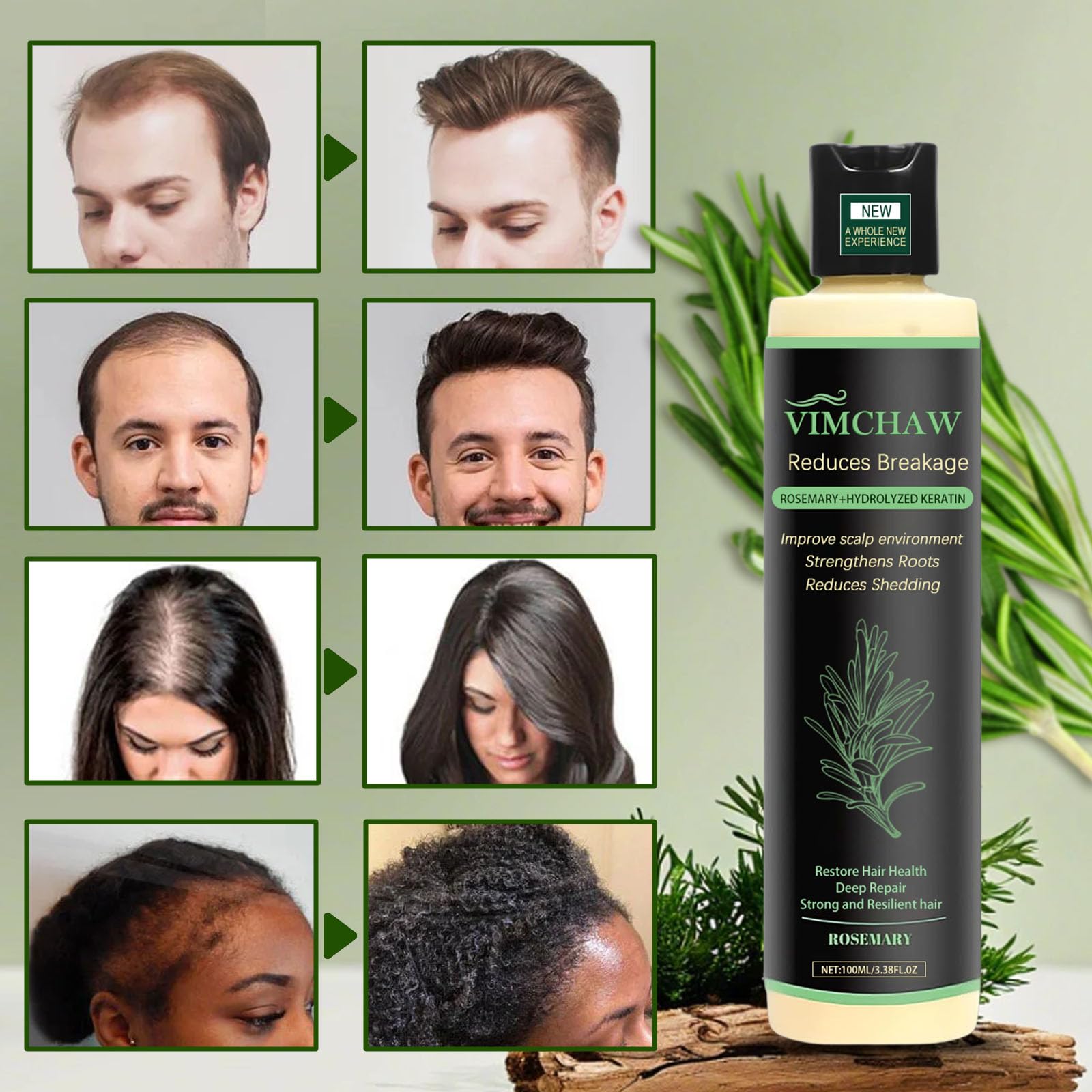 Vimchaw rosemary shampoo label communicates natural, silicone-free formula benefits.