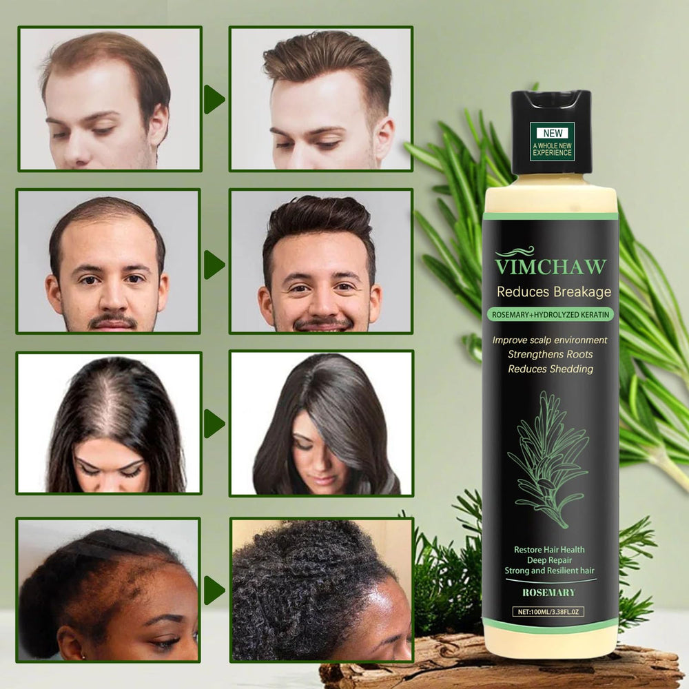 Vimchaw rosemary shampoo label communicates natural, silicone-free formula benefits.