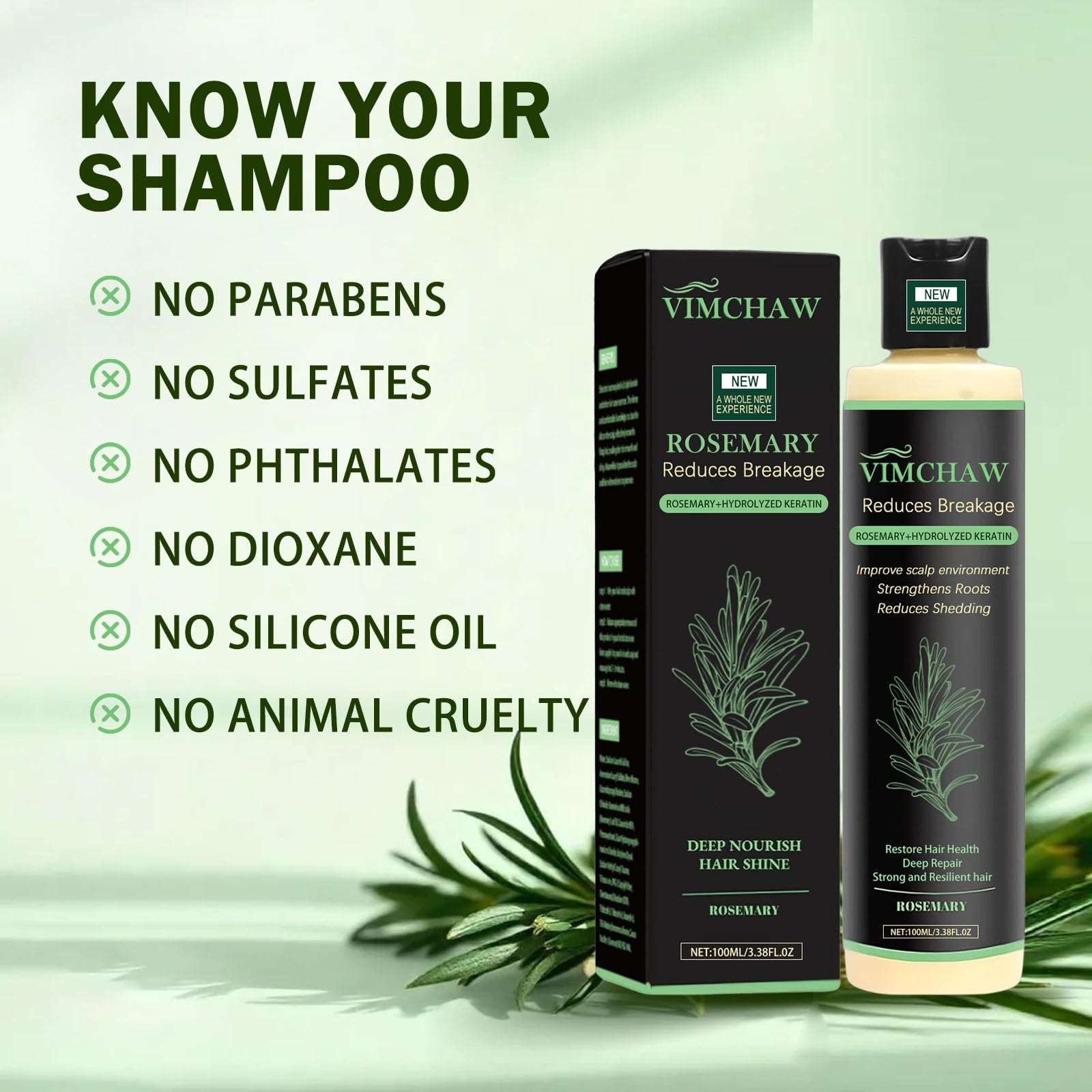 Vimchaw rosemary shampoo lather close-up emphasizes gentle cleansing without stripping oils.