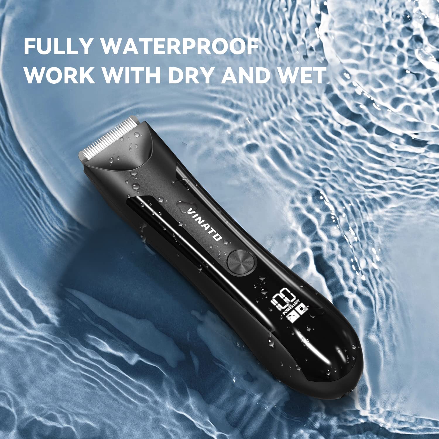 VINATO Ceramic blade close-up showing skin-friendly trimming for sensitive areas.