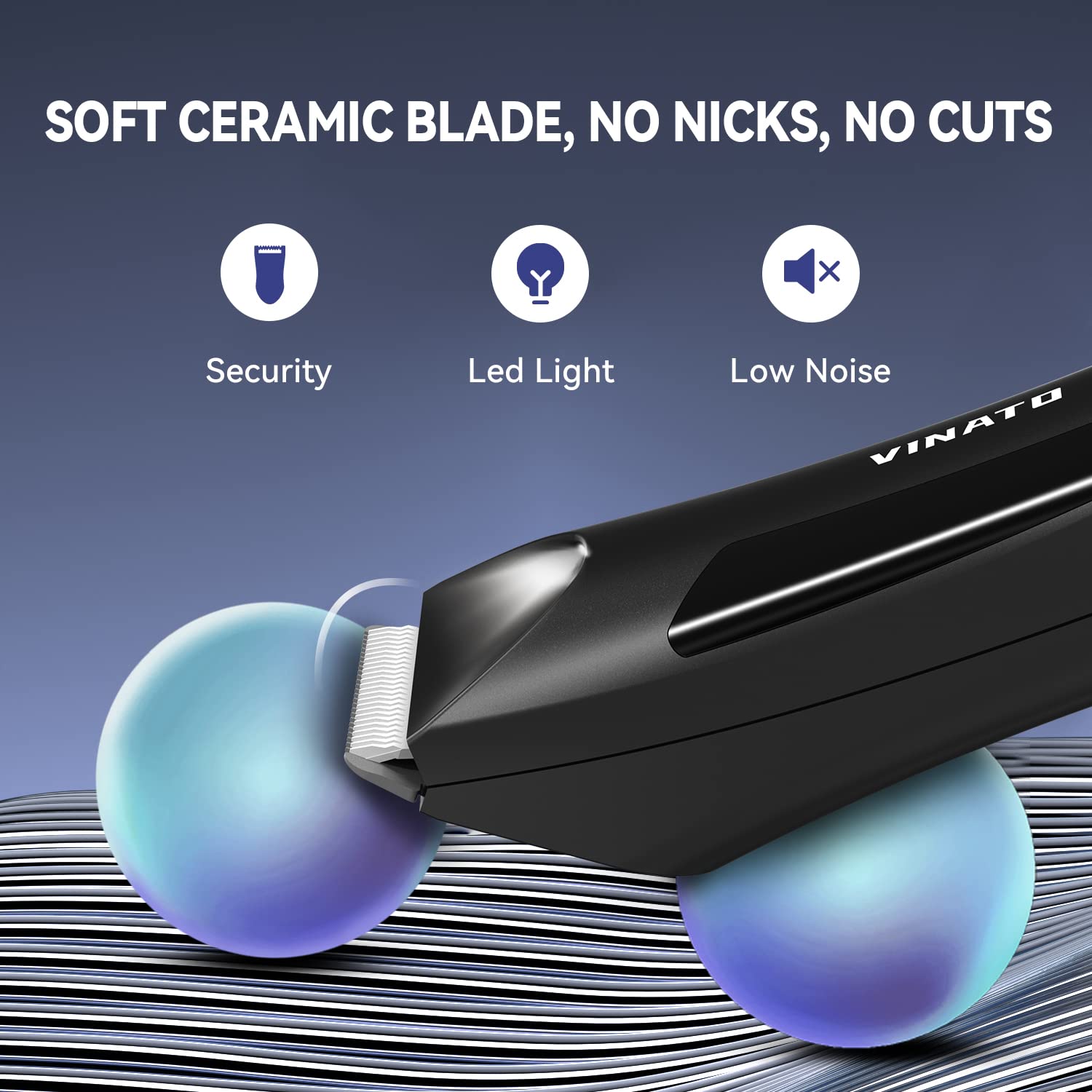 VINATO Ball Trimmer on charging dock highlighting wireless convenience and storage.