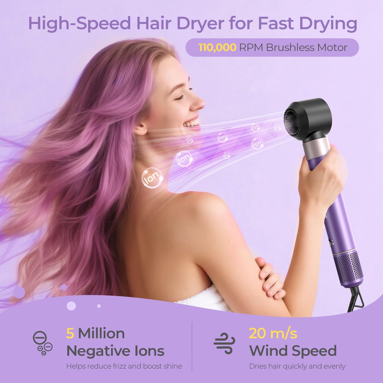 Vincofy lilac nozzle attachment concentrates airflow for faster drying